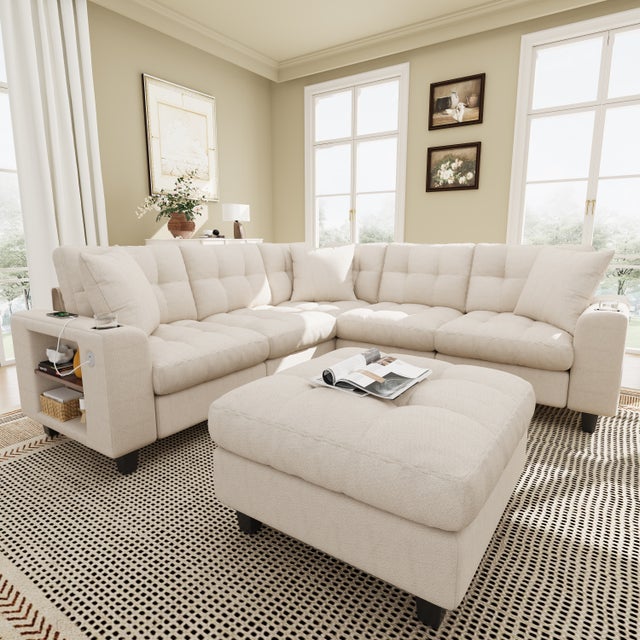Canapé d'Angle XXL Modulaire en U, 6 Places en Chenille avec Accoudoirs Bibliothèque, Pouf Amovible, Porte-Gobelets et Ports USB/USB-C Intégrés, Beige