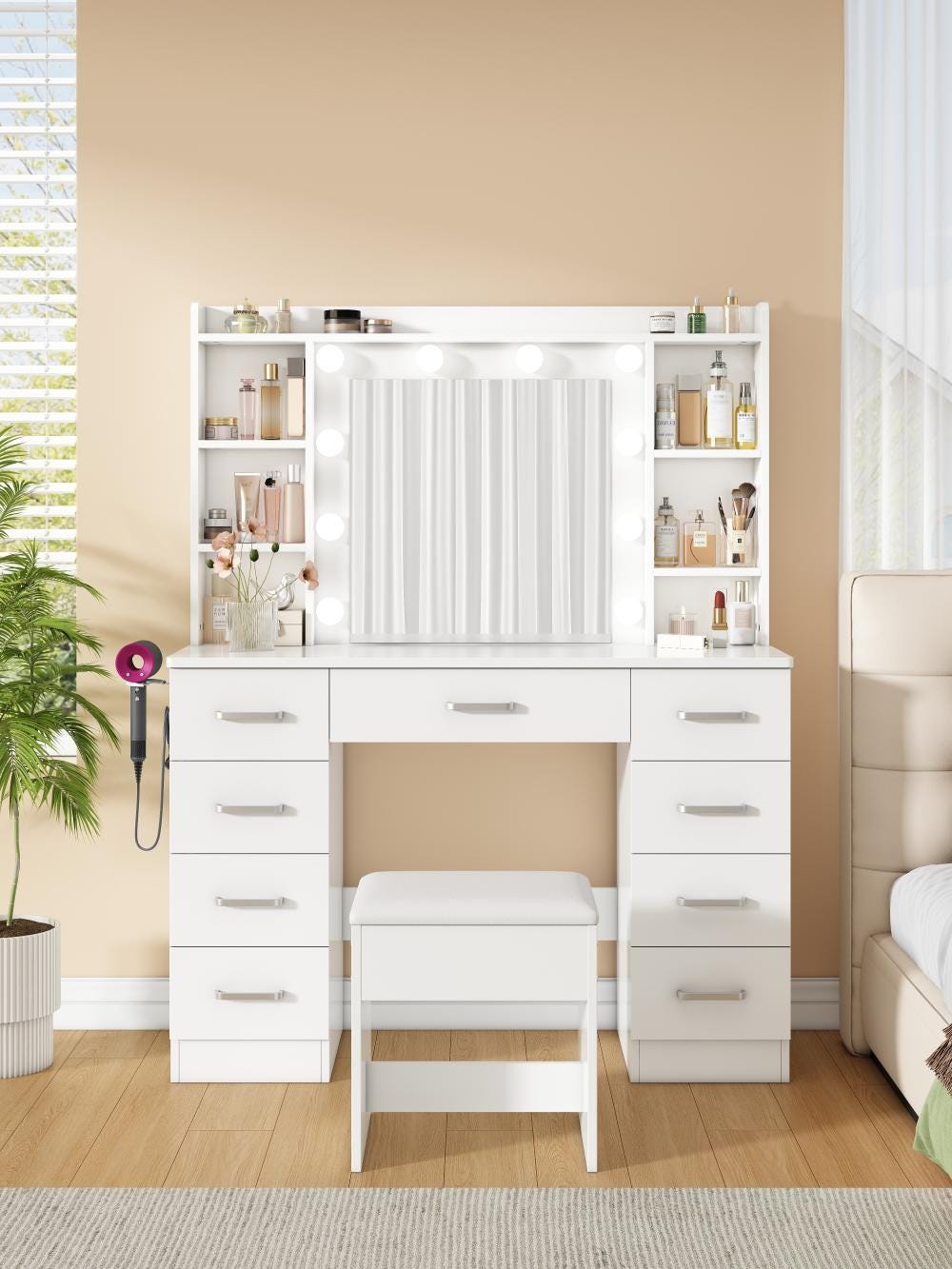 Scrivania Per Trucco Con Specchio Illuminato, Set Tavolo Da Trucco E Sgabello Con Stazione Di Ricarica Bianco Oro Scrivania Per Trucco Con Specchio Illuminato, Set Tavolo Da Trucco E Sgabello Con Stazione Di Ricarica Bianco Oro