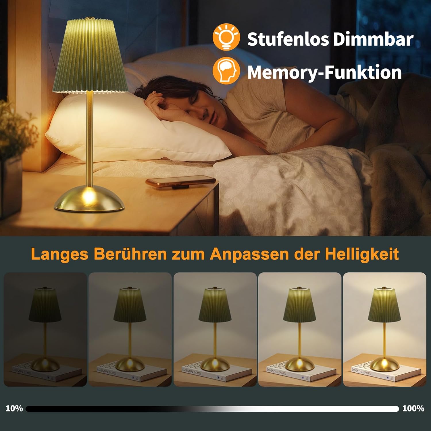 ZMH Zestaw 2 bezprzewodowych lamp stołowych LED z dotykowym ściemniaczem i 3 temperaturami barwowymi - 5