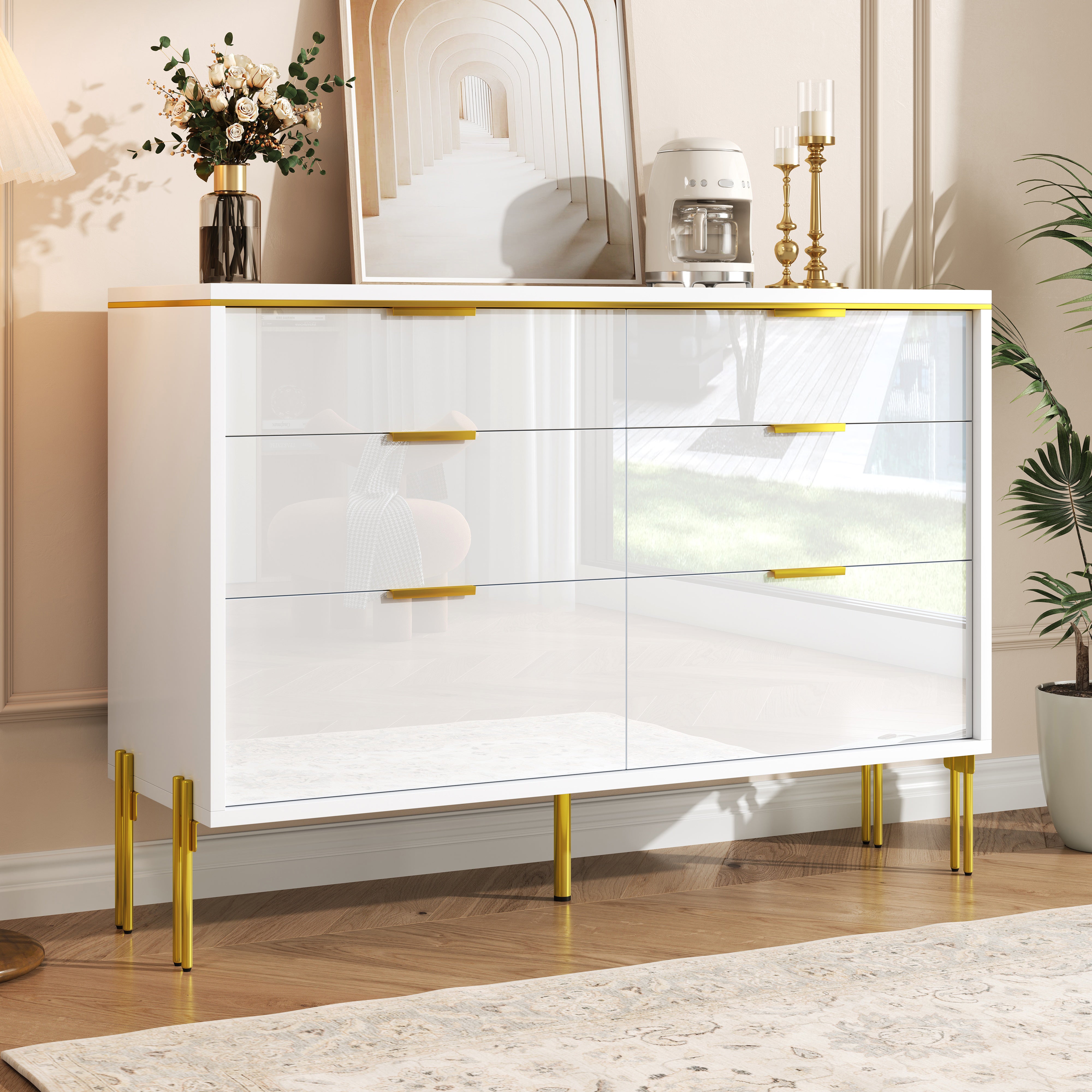 Nowoczesna komoda z 6 szufladami, 120 x 40 x 85,5 cm - Płyta wiórowa - Kolor biały