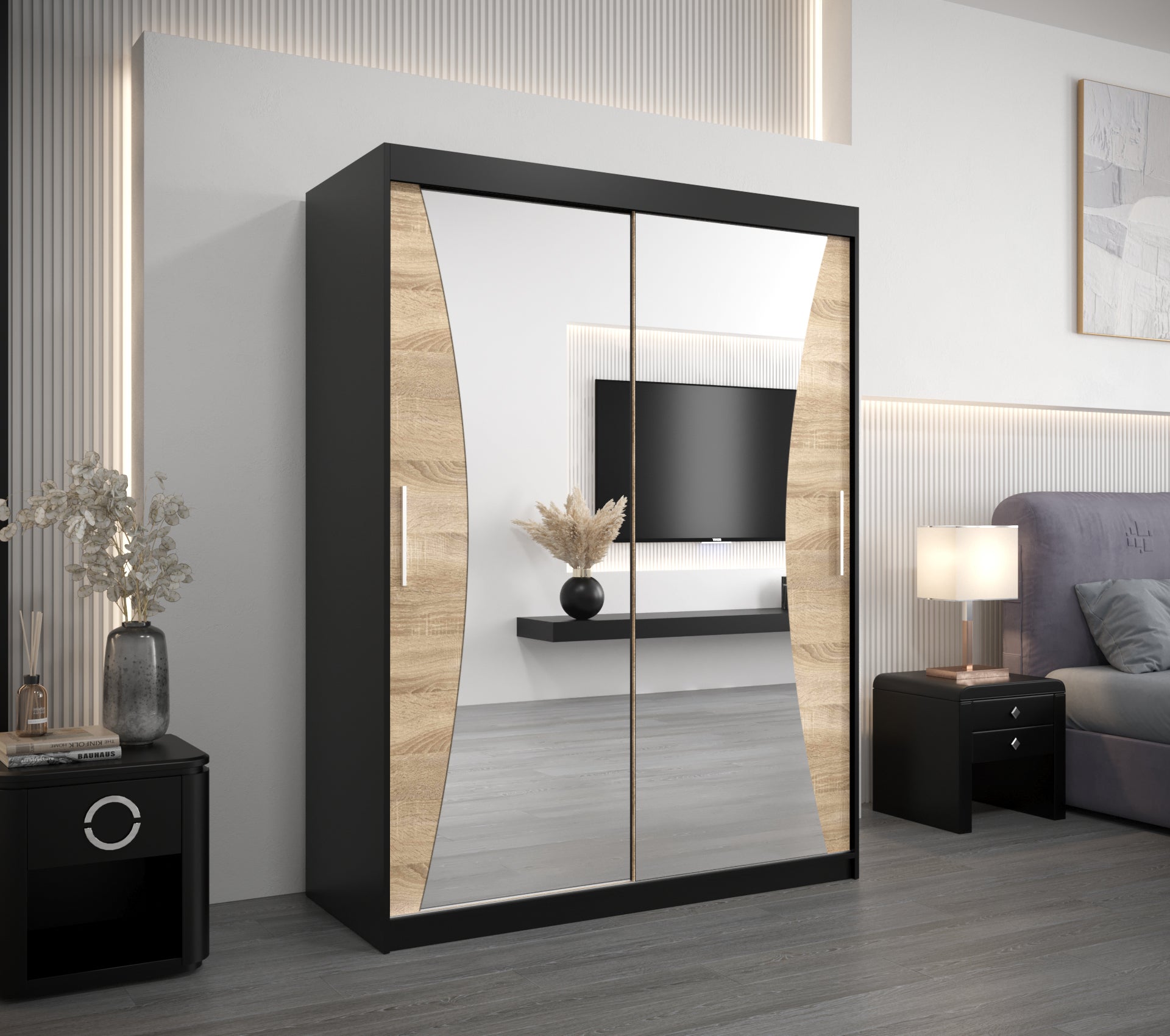 Szafa przesuwna garderoba MONACO 150 x 62 x 200 cm Czarny + Sonoma - Abiks Meble