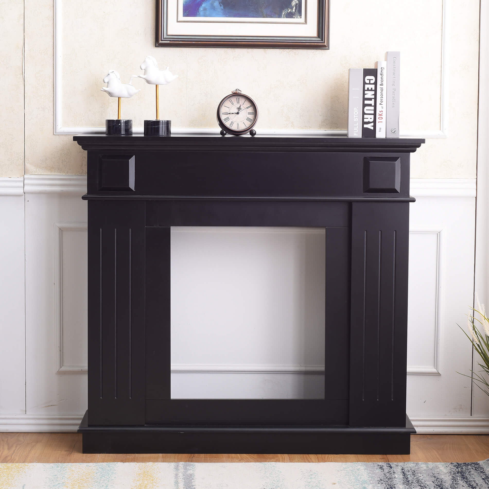 Cadre Decoratif Cheminée Rebecca Mobili Bois Noir 100x109x26 - 3