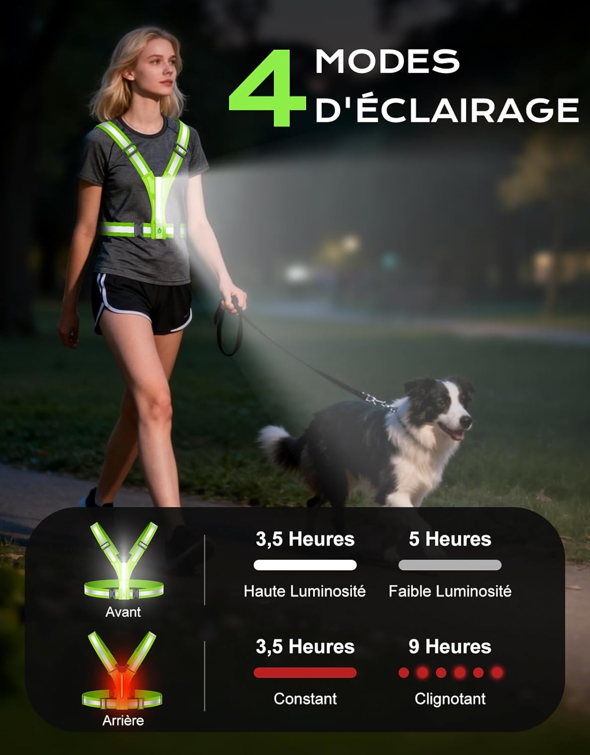 Gilet Réfléchissant Running Éclairage Intégré - Alternative Lampe Frontale - Sécurité Ajustable Course Nocturne Cyclisme - 3