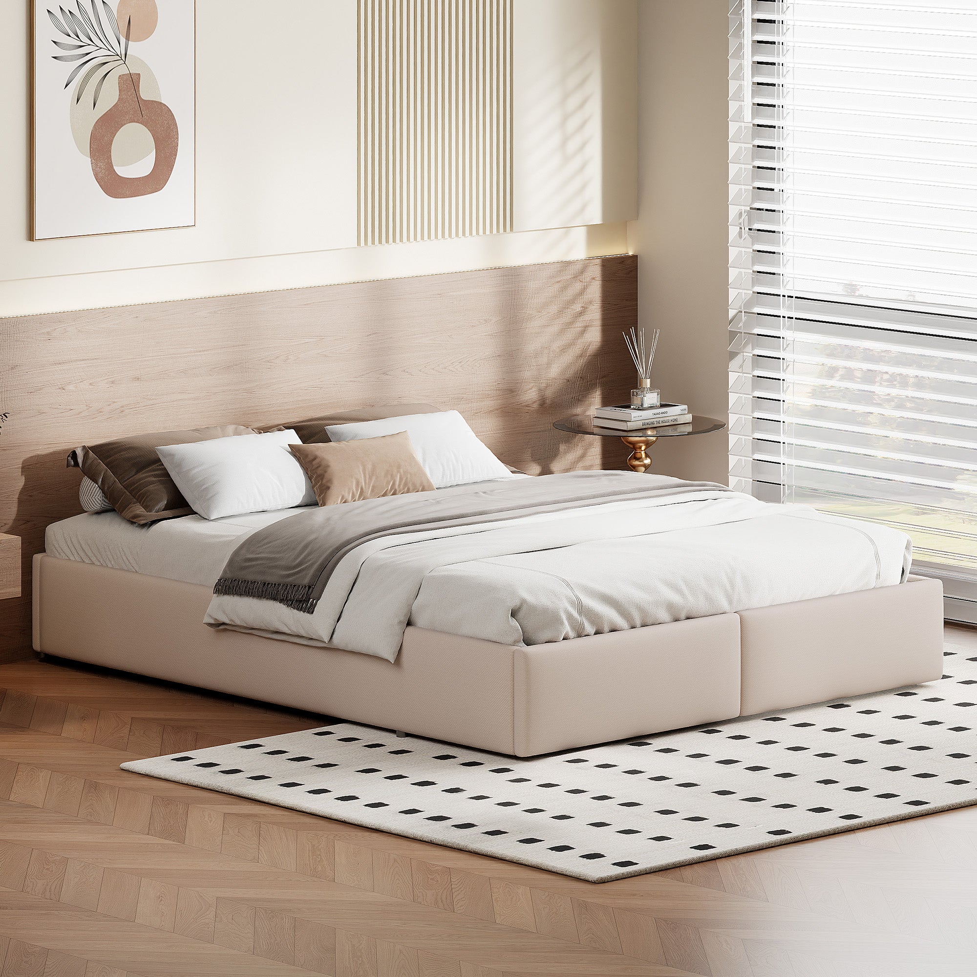 Cama canapé 160x200 cm con sistema hidráulico, 2 cajones, somier de láminas, estructura de metal, tapizada en lino - Beige - 3
