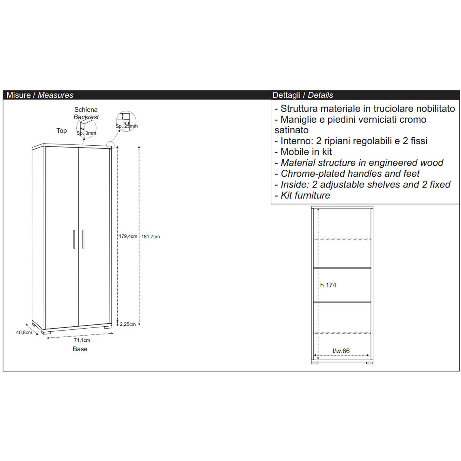 Armadio 2 ante 4 ripiani h 182 cm colore Ossido Bianco - 4