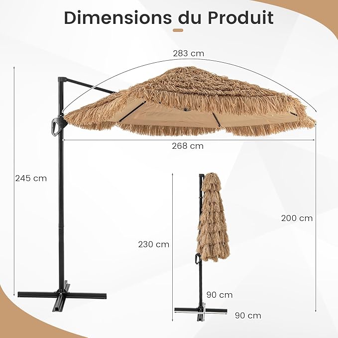 Parasol de Patio Style Hawaïe en Chaume Hula Tiki, Parasol Suspendu Déporté avec Toit Aéré, Protection Solaire, pour Piscine Jardin Terrasse Plage - 2