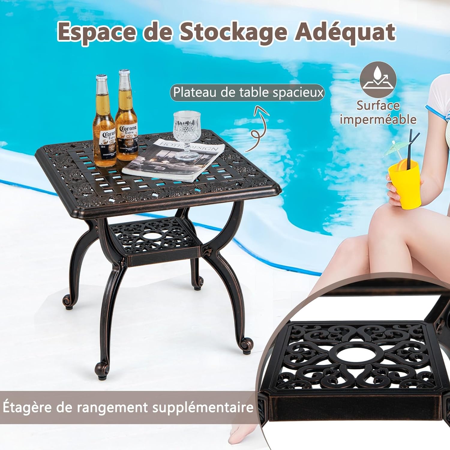 Table de Patio en Fonte d'Aluminium, Table Basse Bistrot Antirouille de 53 cm, Table d'Appoint à Cadre en Métal Robuste, Table d'Appoint - 6