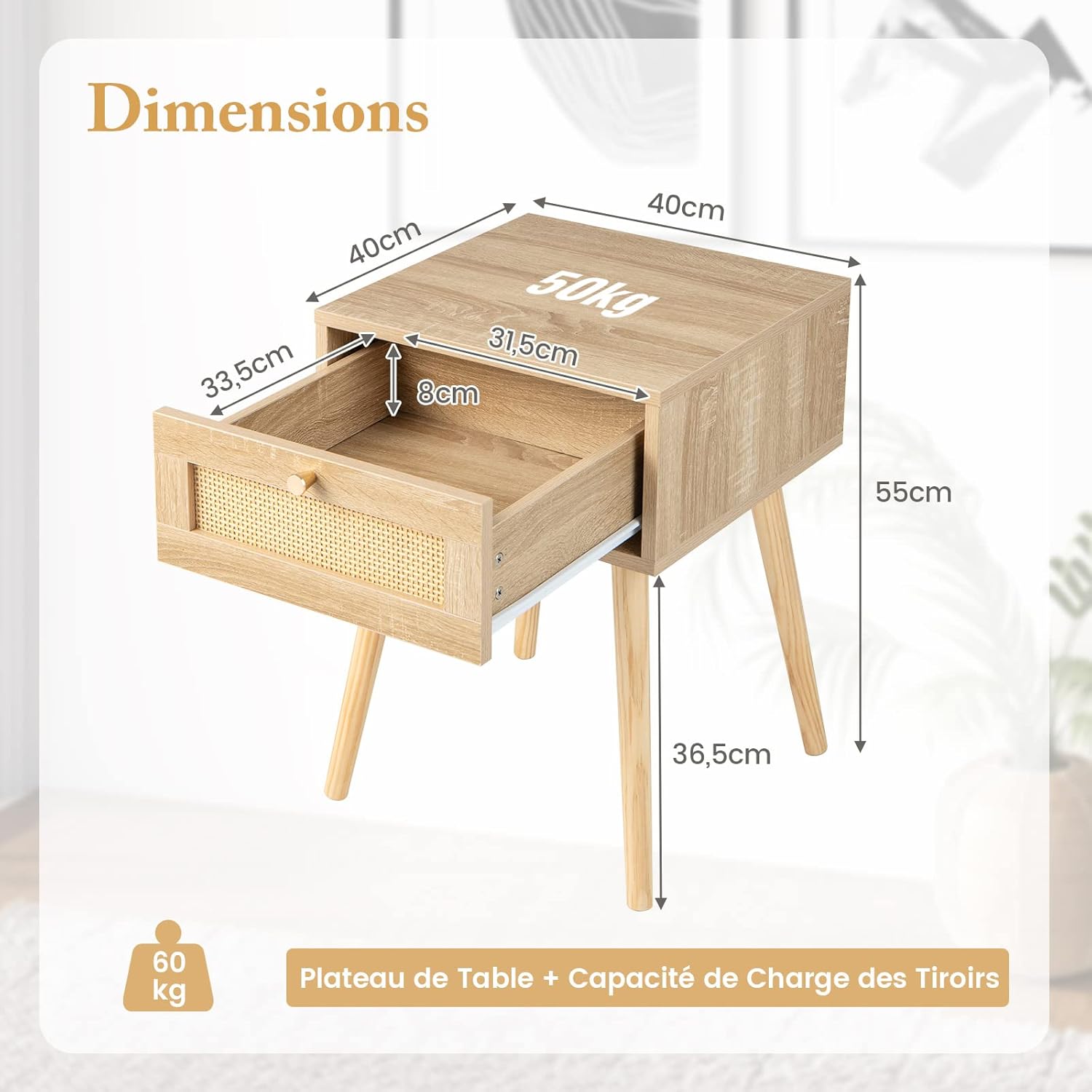 Table de Chevet Cannage en Rotin, Table de Nuit avec Tiroir, 4 Pieds en Pin, 40 x 40 x 55 cm, Table d'Appoint pour Chambre, Salon - 2