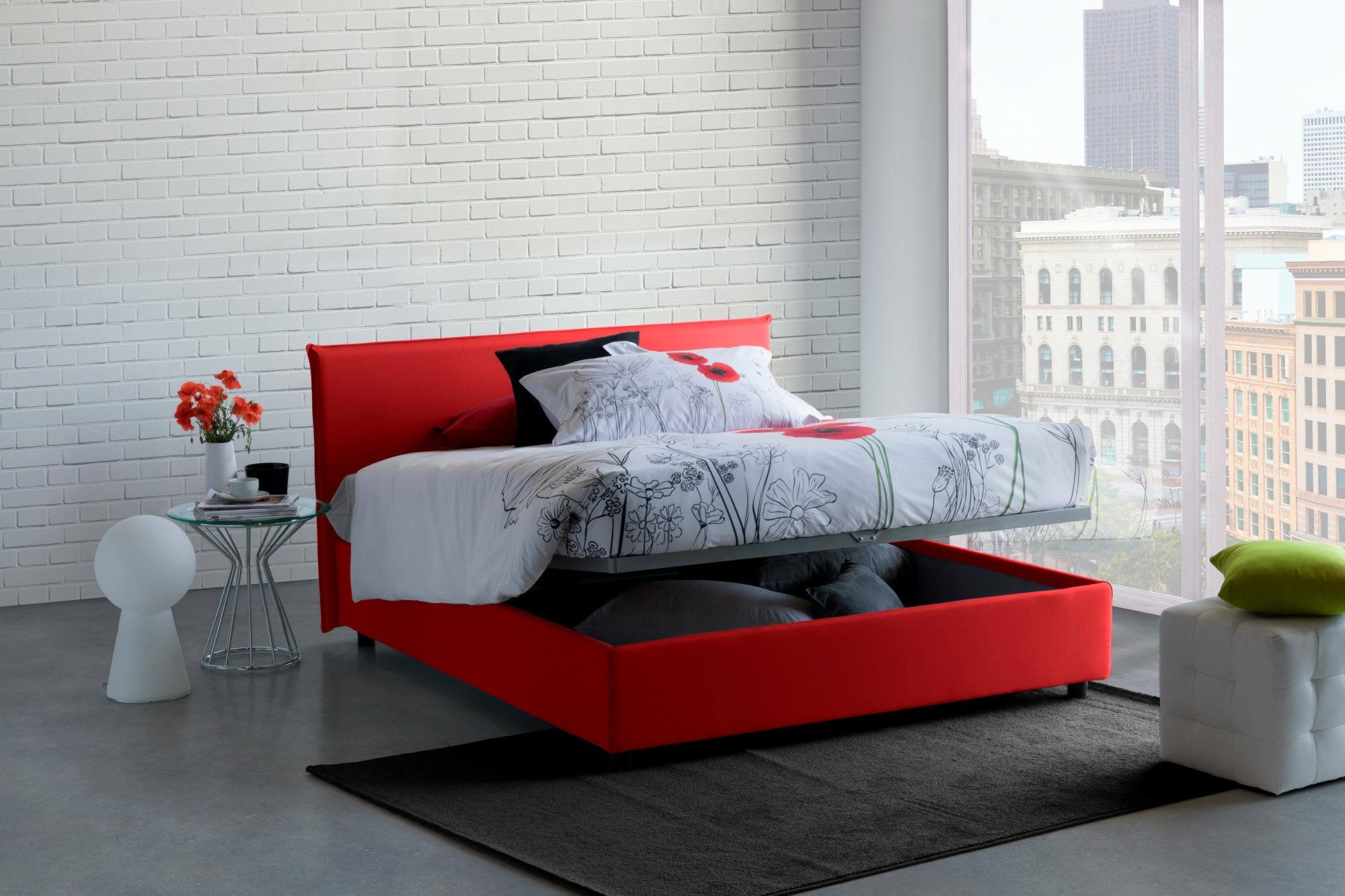 Lit double Bibiana, Lit coffre avec revêtement en tissu, 100% Made in Italy, Ouverture frontale, avec matelas 160x190 cm inclus, Rouge - 5