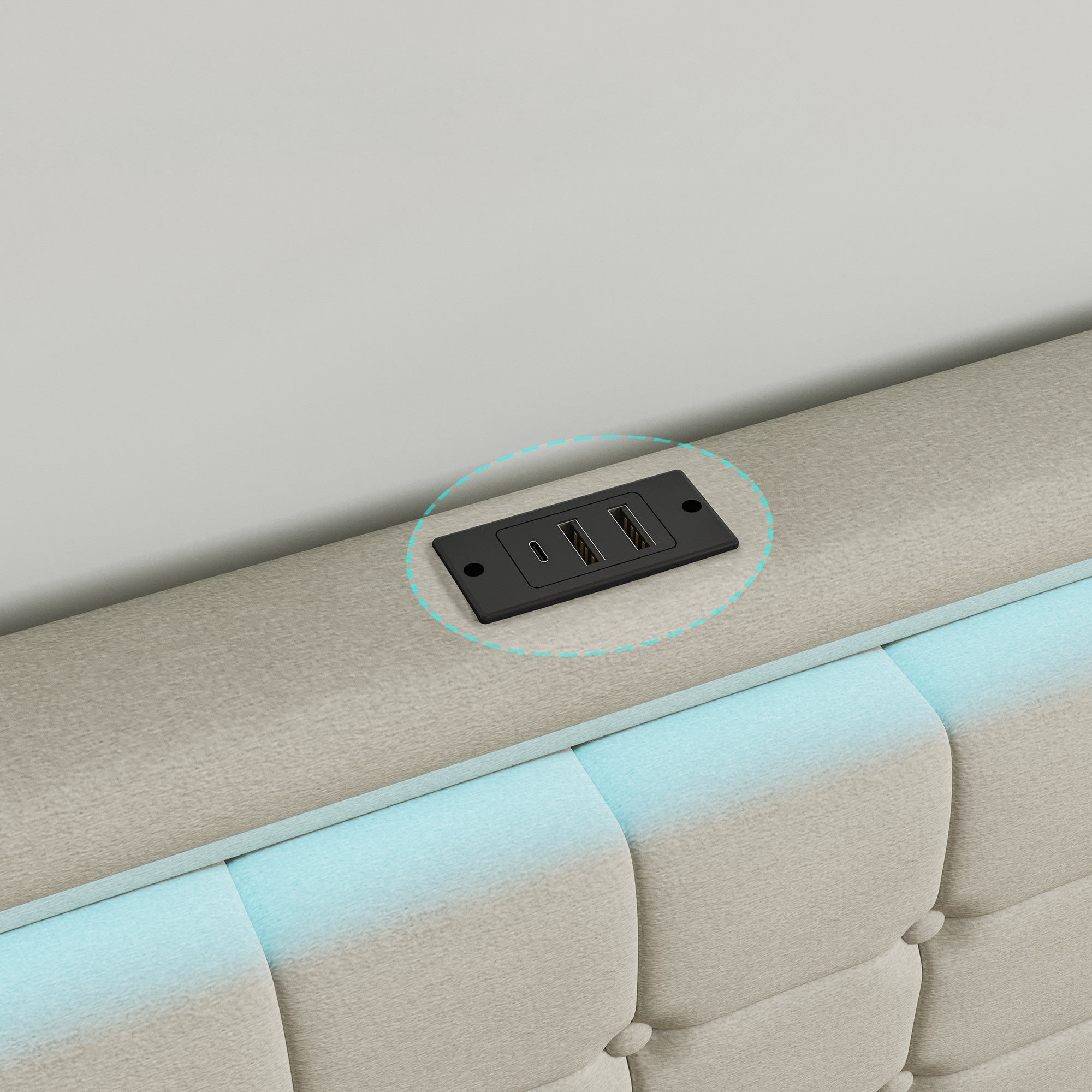 Lit 180x200 avec 4 tiroirs, sommier à lattes, lit double adulte capitonné, tête de lit LED, ports USB et Type-C, lit king size, tissu lin, Beige - 8
