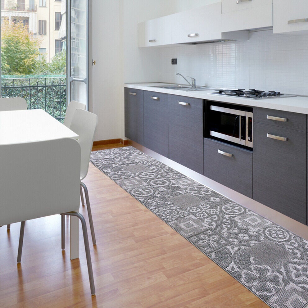 Tapete De Cozinha 57x230 cm Textura 3D Antiderrapante Lavável Azulejo Majólica Cinza - 8