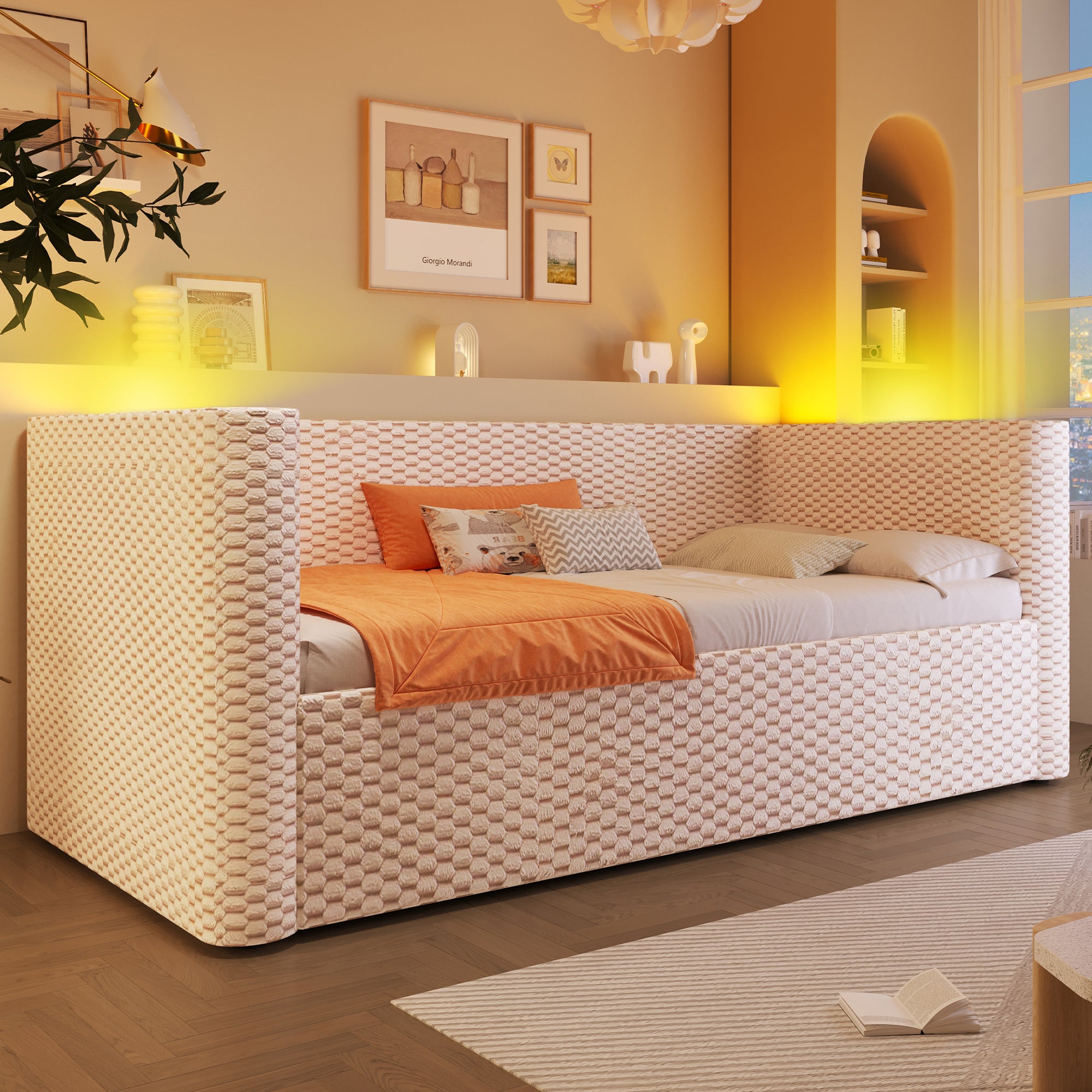 Rozkładana sofa z pojemnikiem 90x200 cm - z oświetleniem LED - stelaż lamelowy - welur - beżowy​ (materac nie jest wliczony w cenę) - 2