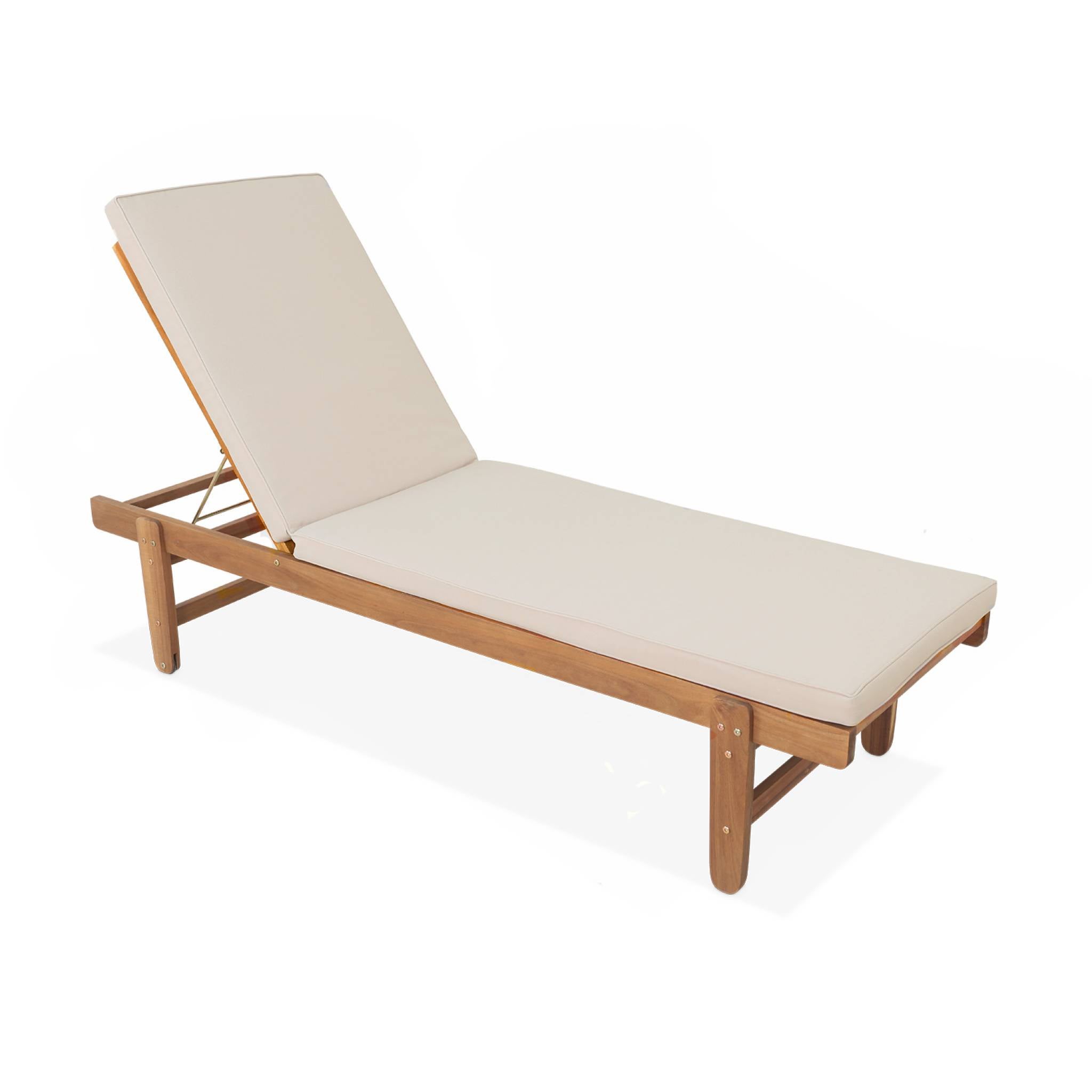 Set de 2 bains de soleil en Acacia – AREQUIPA – Transats avec coussins beige et roulettes. multi positions AREQUIPA - 6