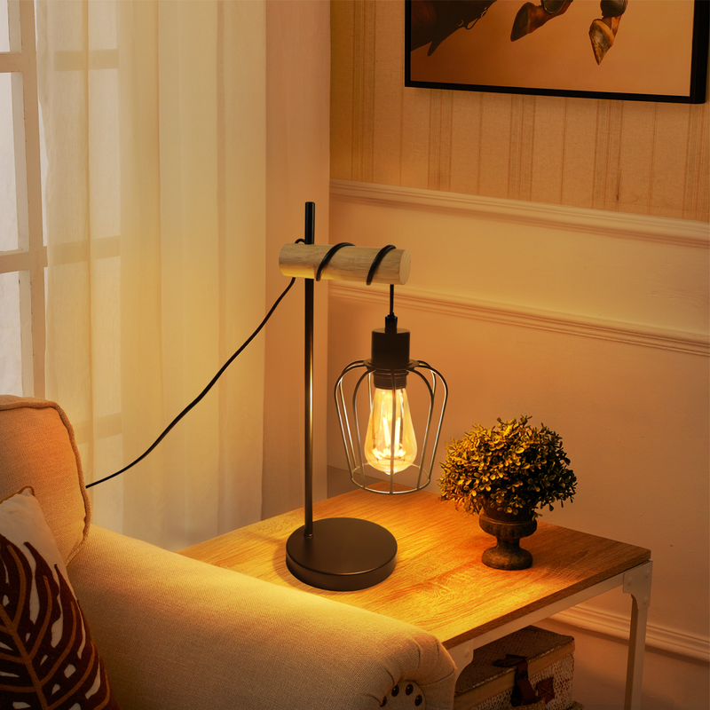 Lámpara de mesa NETTLIFE para salón, lámpara de mesa vintage de madera: lámpara de noche negra, 1 luz, diseño, metal, casquillo E27 - sin bombilla - 8
