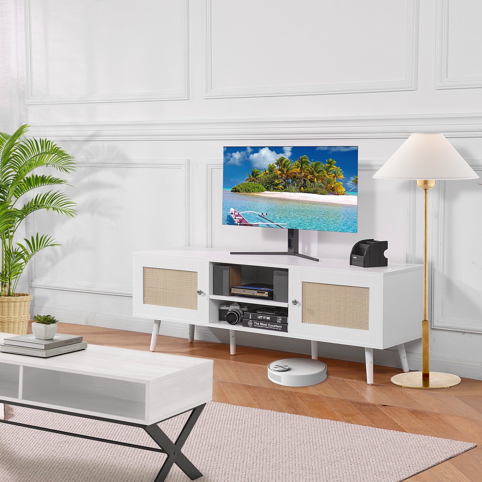 Meuble TV VEVOR en Rotin, pour Téléviseur 65 Pouces, Banc TV Bohème avec Porte en Rotin, Centre de Divertissement avec Prise Intégrée et Ports USB - 8