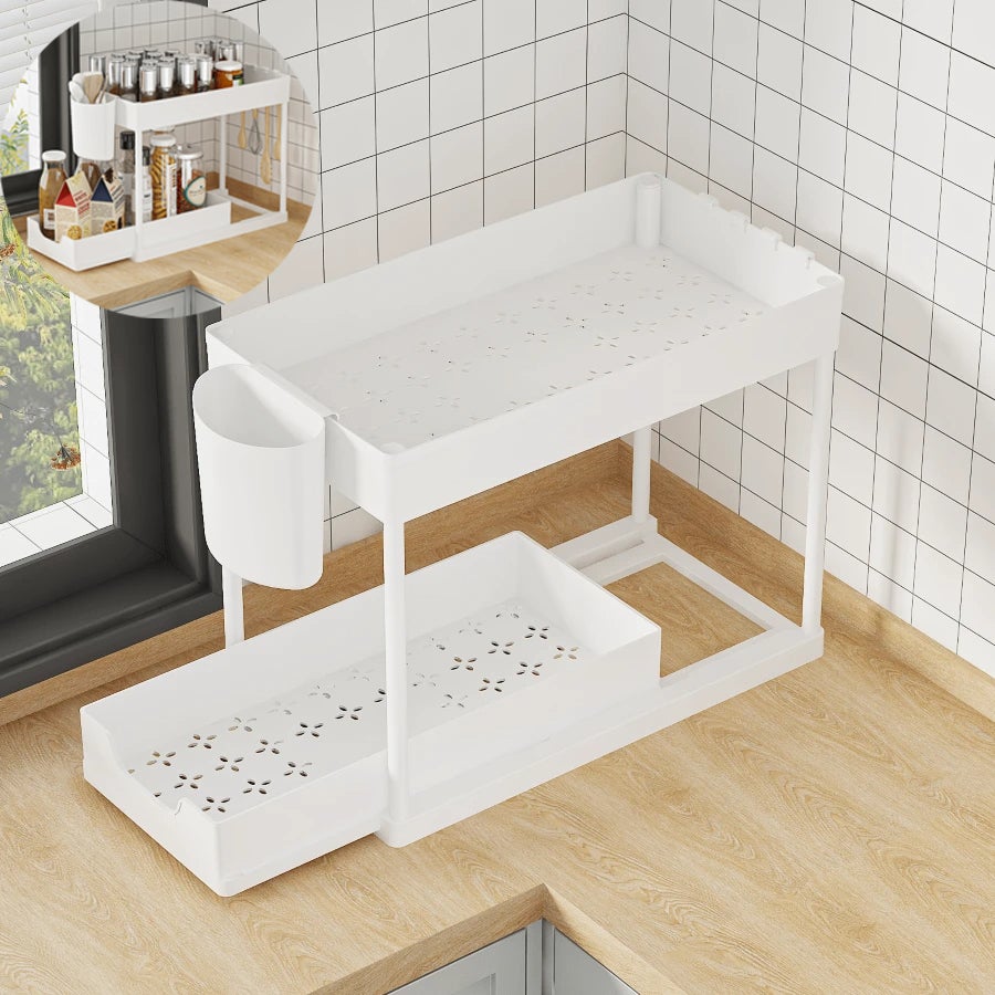 Wysuwany organizer podumywalkowy, schowek w szafce kuchennej, 2-poziomowy organizer podumywalkowy, półka łazienkowa podumywalkowa