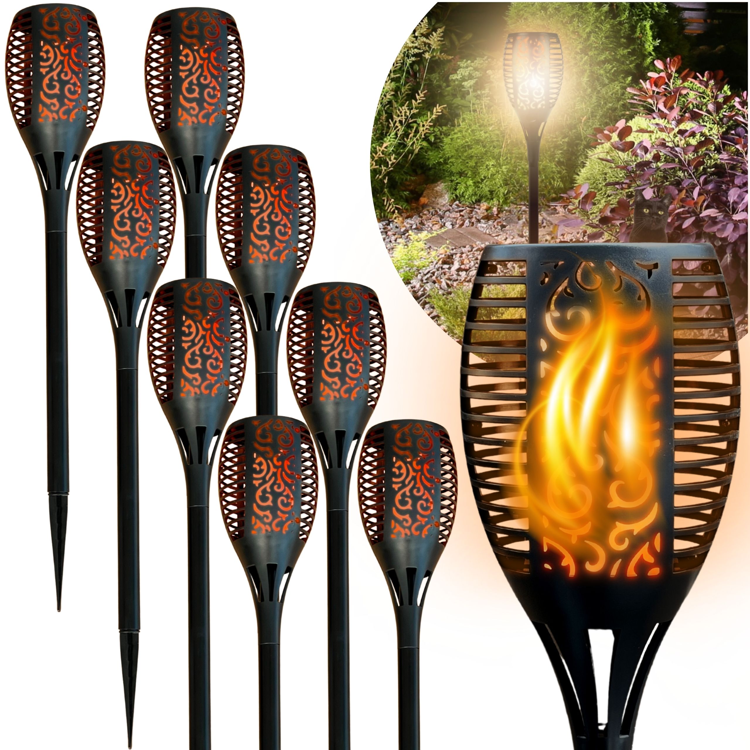 Lampy Solarne LED z Efektem Płomienia Zestaw 8 Sztuk Wbijane Latarnie i Pochodnie Ogrodowe