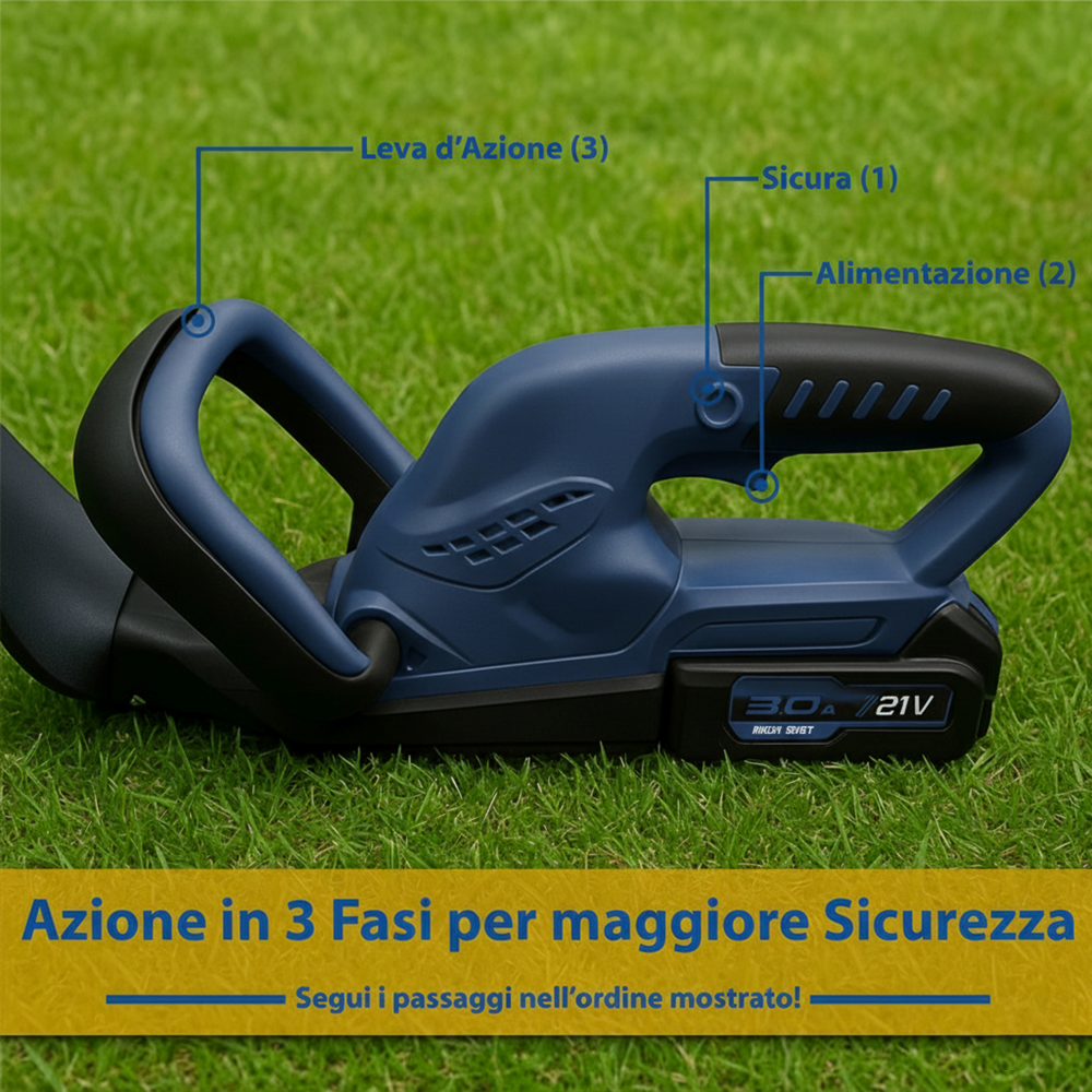 Tagliasiepi Elettrico a Batteria 21V 3.0Ah con 2 Batterie Kit Completo Potente 1300W Lama 52cm 2500RPM Taglio 14mm Leggero e Sicuro - 8