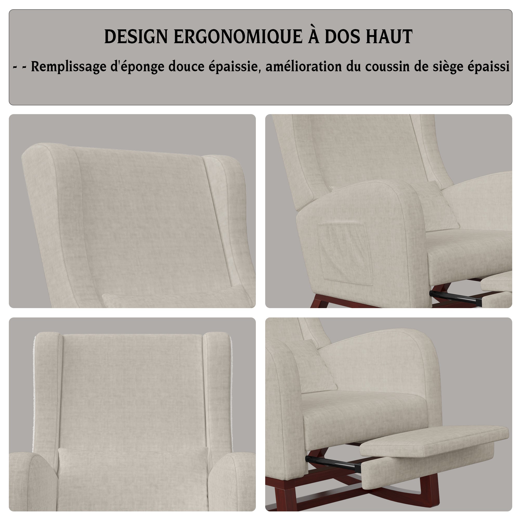 Fauteuil à Bascule avec Repose-Pieds, Chaise a Bascule Allaitement Rocking Chair intérieur extérieur Fauteuil allaitement avec Pocheen Bois, Beige - 6