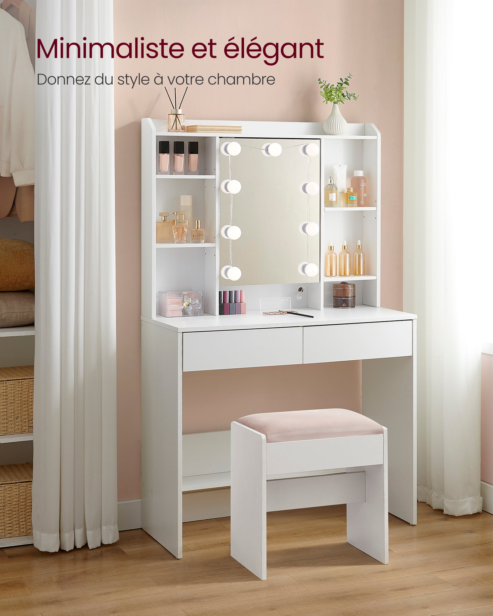 Coiffeuse avec 9 Lumières LED, 3 Tonalités et Luminosité Réglable, avec Miroir, Étagères Réglables, 2 Tiroirs, Blanc Nuage - 7