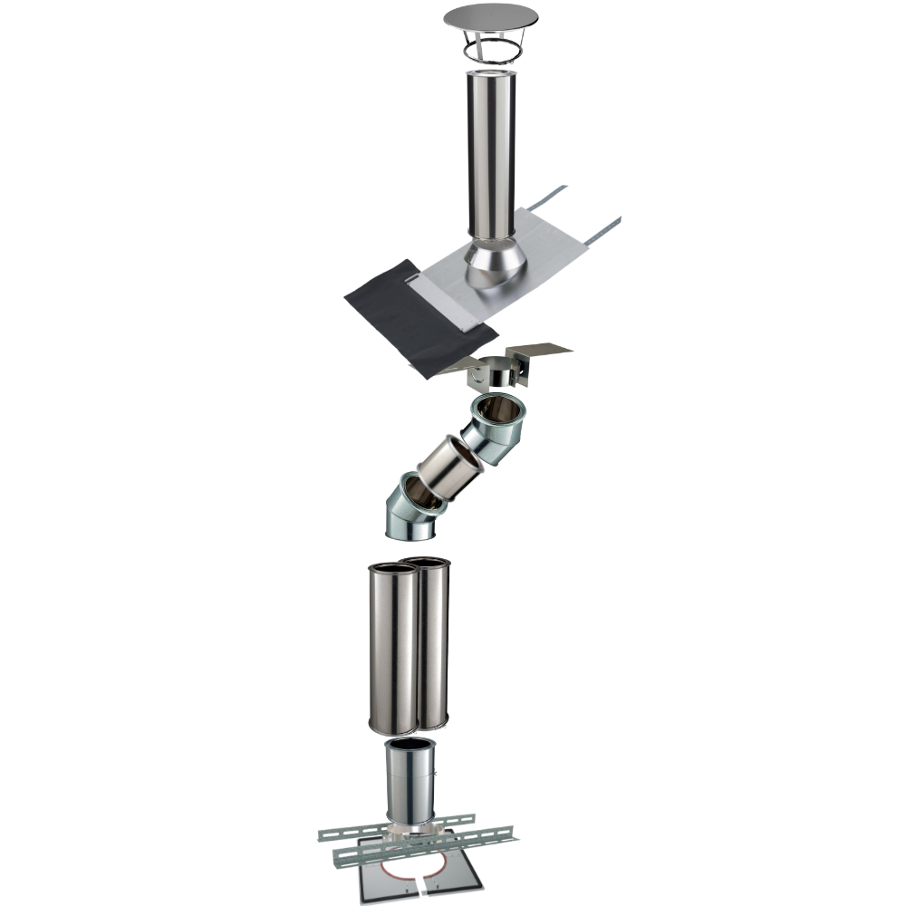 Kit conduit isolé sortie toiture avec dévoiement Inox-Galva et Inox-Inox Ø150 Poujoulat - Déport 39 cm / Longueur 399 cm - 2
