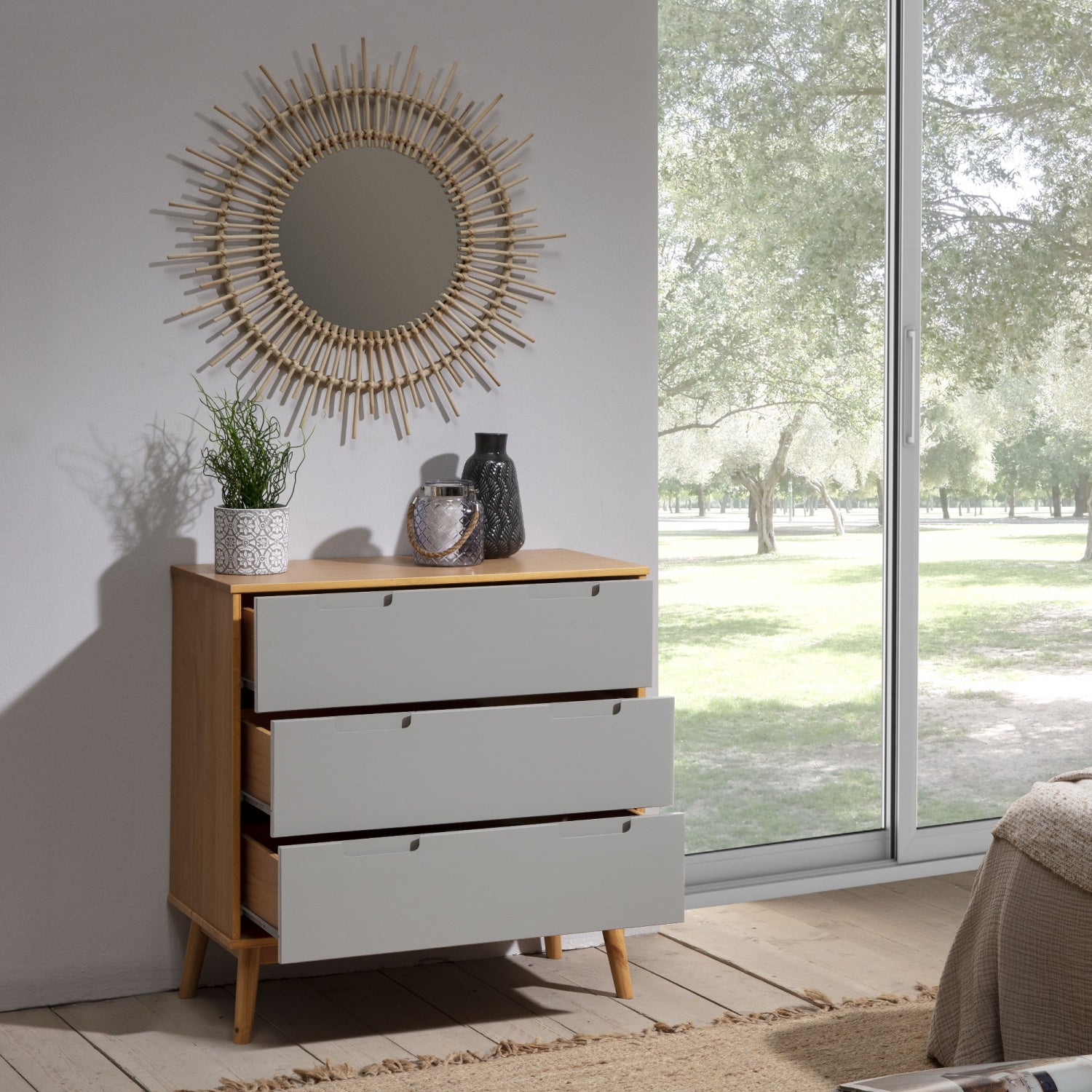 Commode de nuit Bruce avec 3 tiroirs, bois massif, 80 cm Largeur - 5