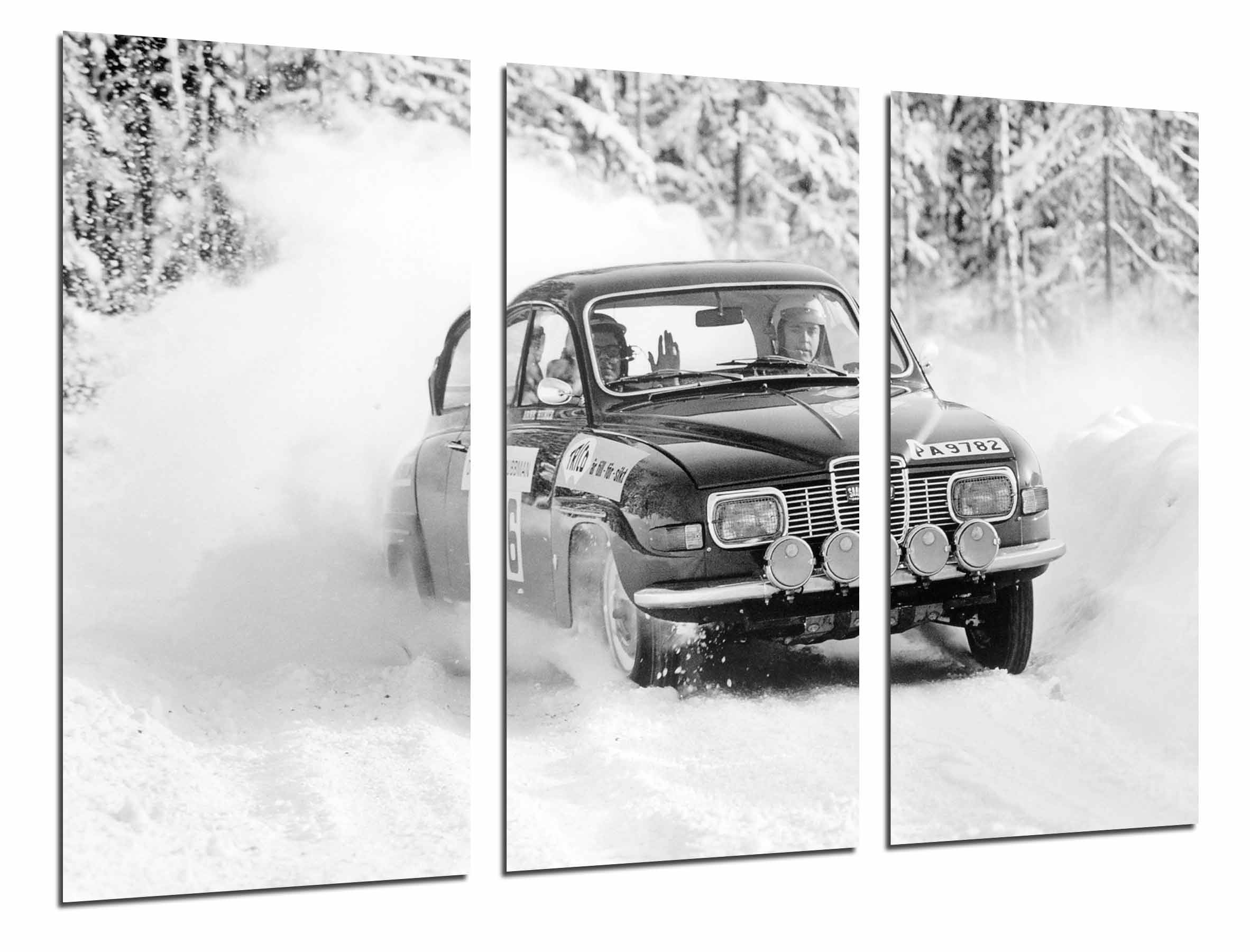 Coche carreras rally vintage en paisaje nevado , impresión fotográfica sobre madera, cuadro moderno decorativo