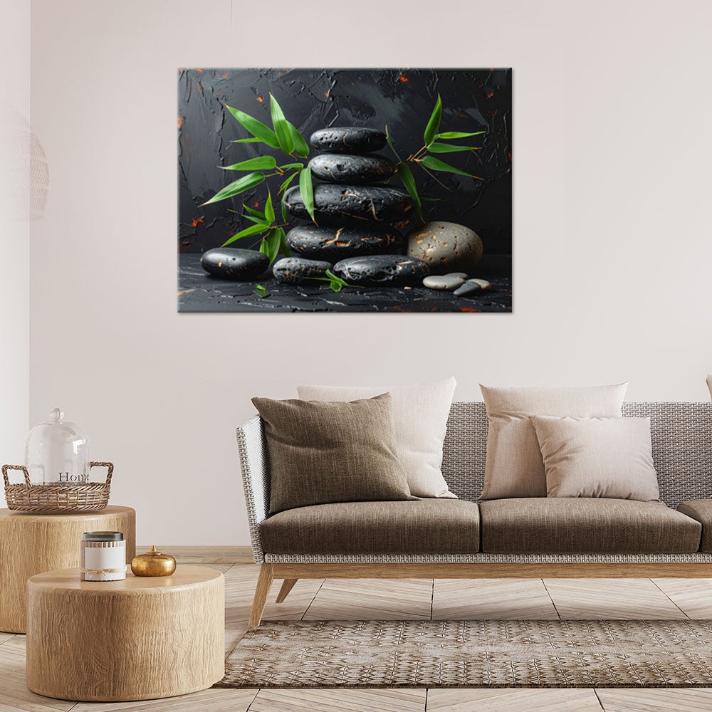 Obraz do salonu sypialni, Czarne kamienie zen spa liście na czarnym tle 90x60 - 2