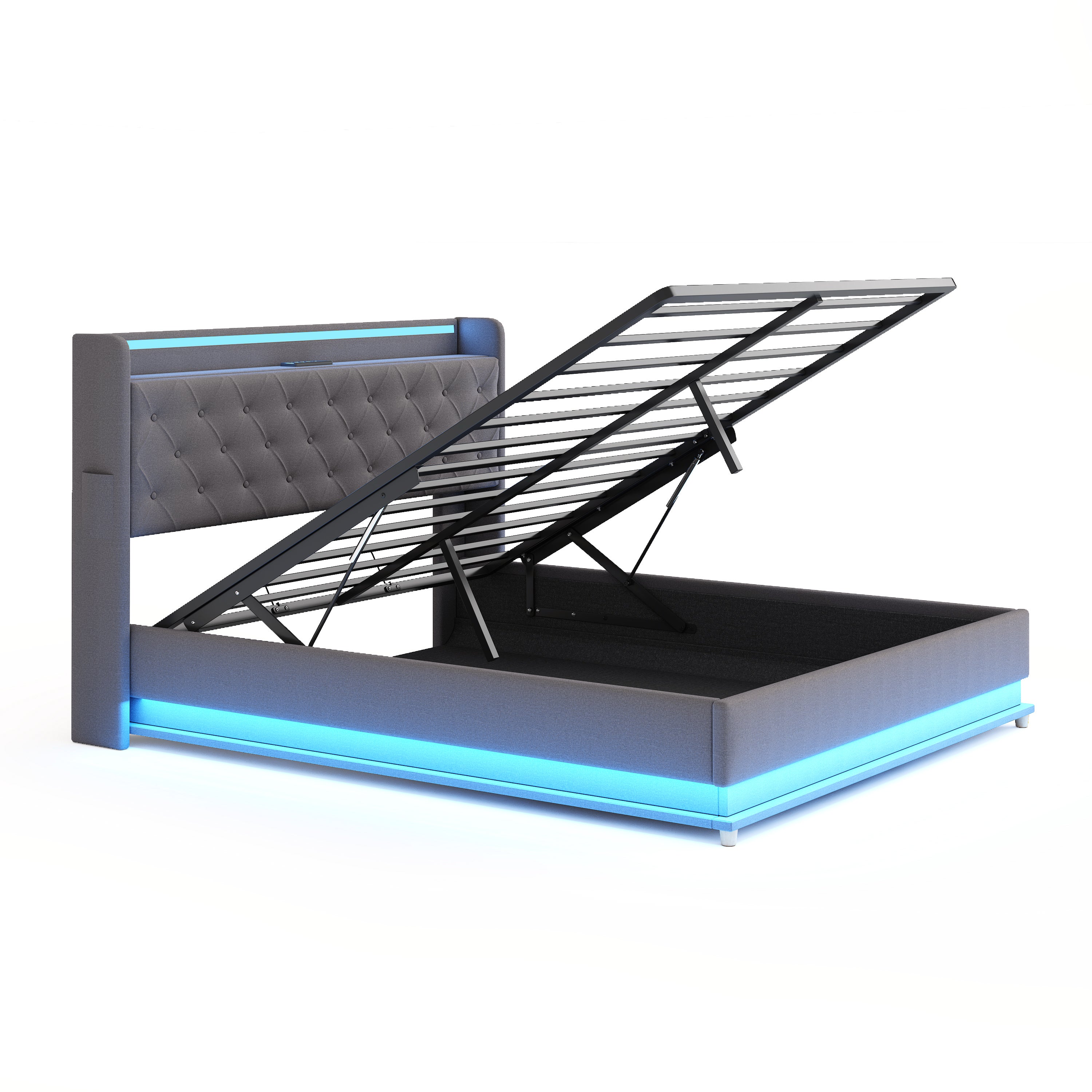 Cómoda Cama Tapizada con LED 160x200 cm - con Puerto de Carga USB - Tela de Lino - Gris - 7