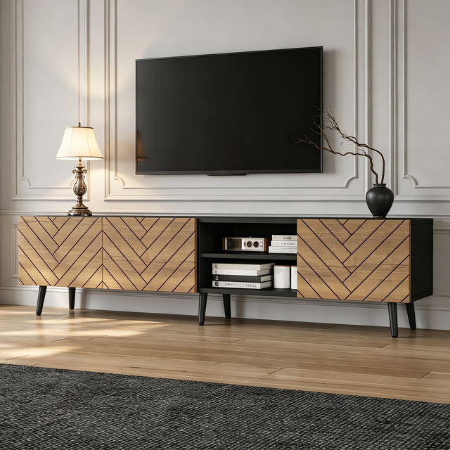 Stolik pod TV z 3 drzwiami i 2 otwartymi przegrodami - 180 x 33,5 x 45 cm - Płyta wiórowa - Kolor czarny z efektem drewna