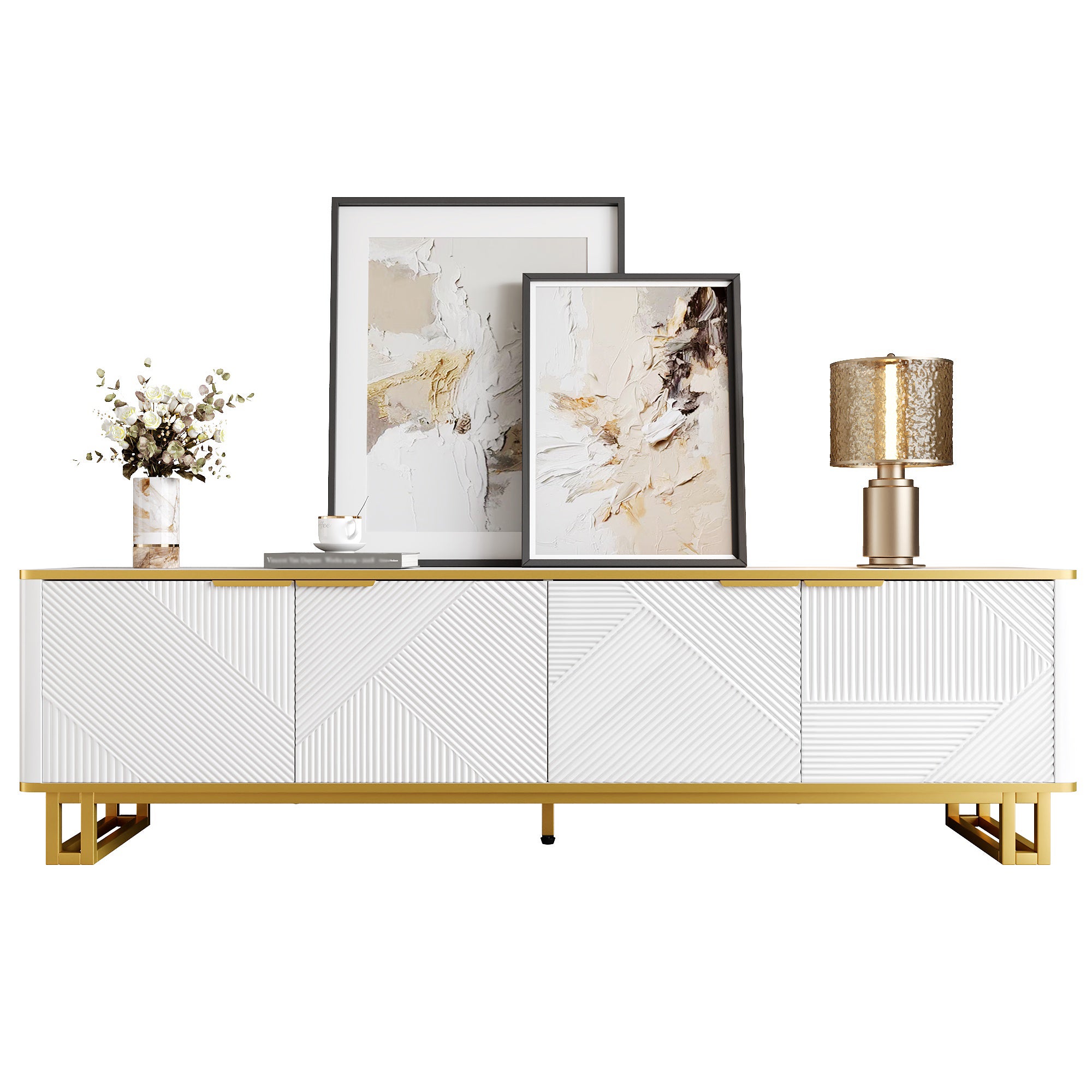 Nowoczesna szafka RTV 160 x 37,5 x 48 cm - Z 4 drzwiami - Żelazna rama - Geometryczna faktura - Płyta MDF - Biały + Złoty - 2
