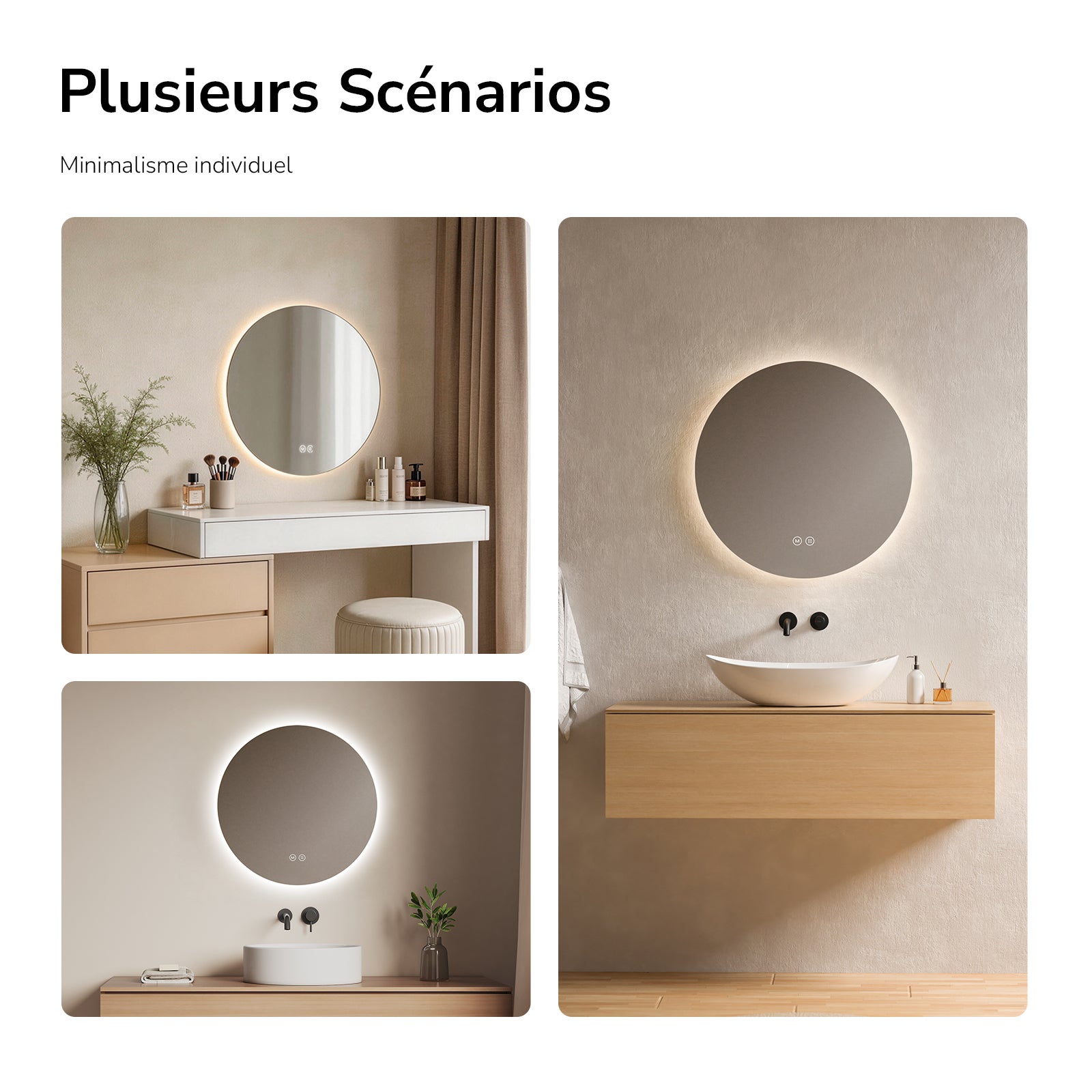 EMKE Miroir lumineux salle de bain rond diamètre 50cm, rétro-éclairage sans cadre, Miroir LED avec Interrupteur Tactile, Lumière Froide/Neutre/Chaude - 7