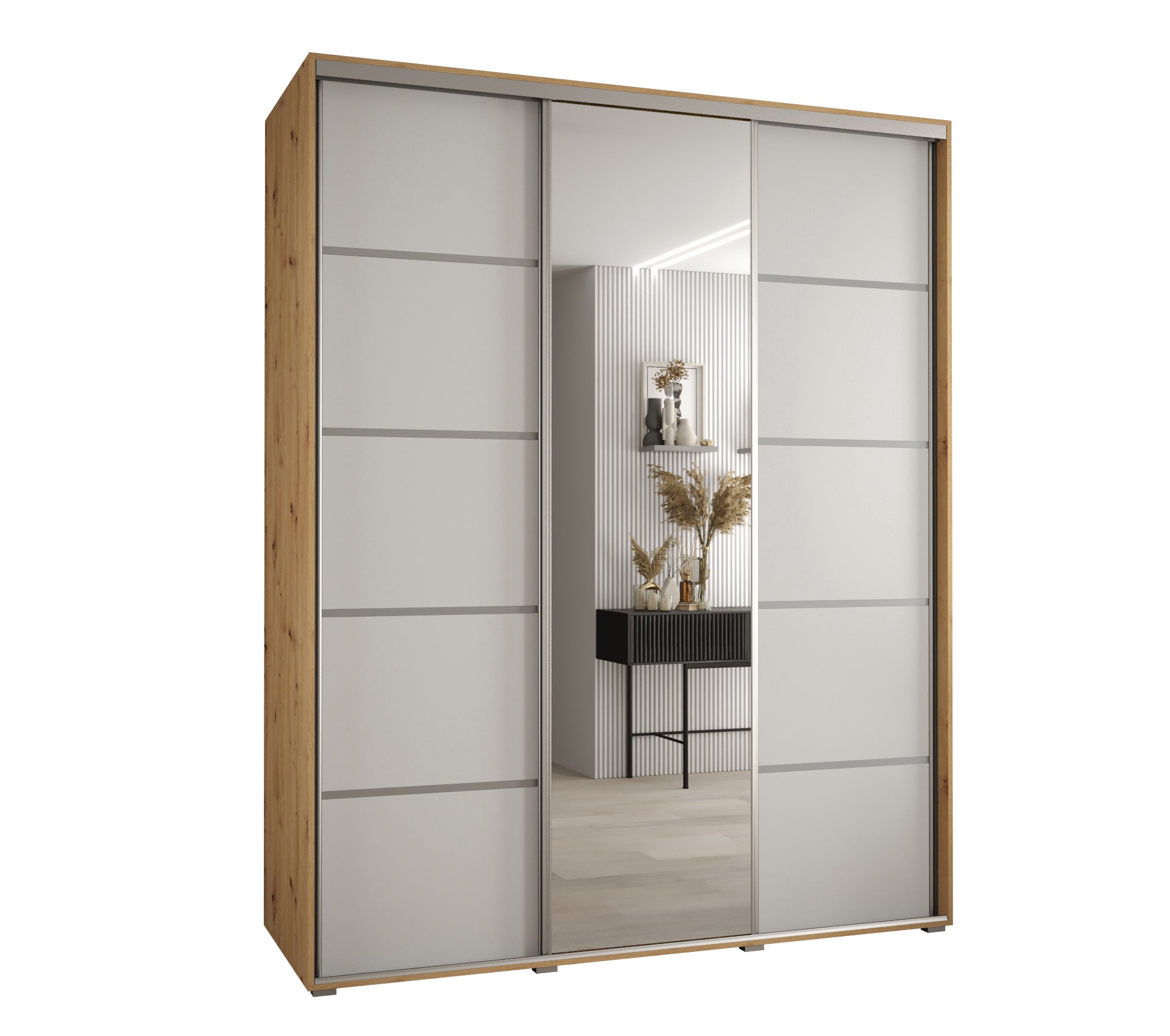 Szafa przesuwna z lustrem wysoka Davos 5 200 x 60 x 235,2 cm artisan + biały + u. srebrny - Abiks Meble