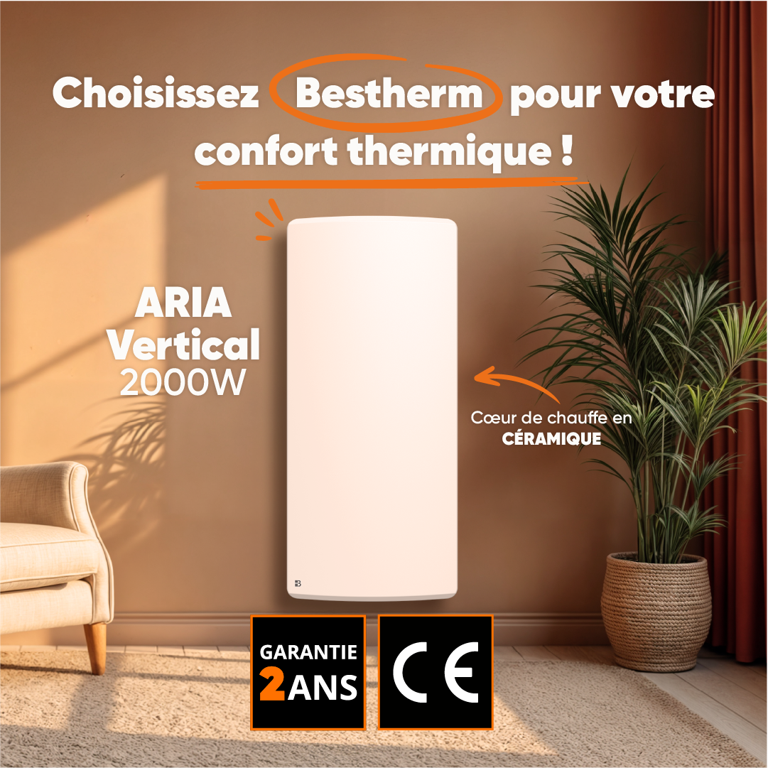 Radiateur électrique fixe à inertie sèche céramique 2000W Bestherm ARIA vertical blanc - 3