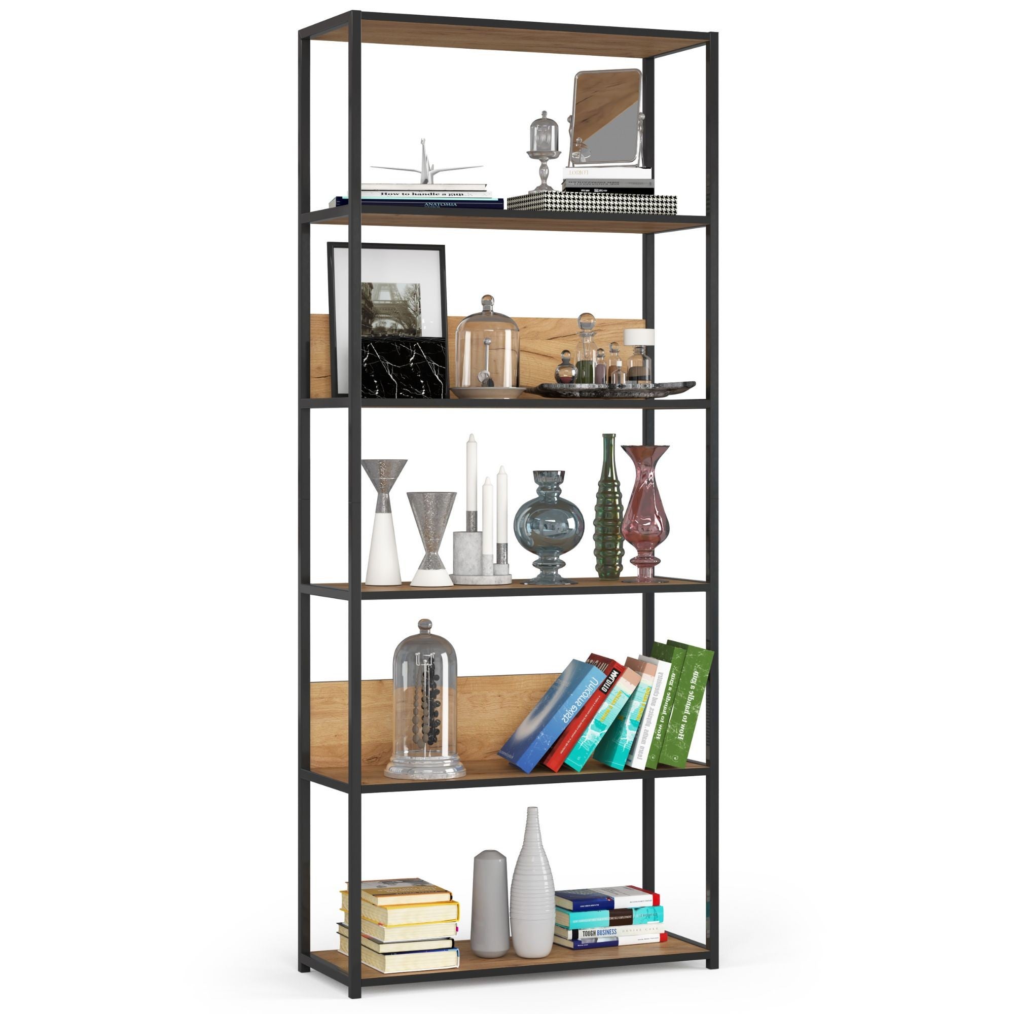 Regał loft AKORD metalowy Czarny 80 cm kolor Dąb Craft mat 6 półek 80x32x192 cm