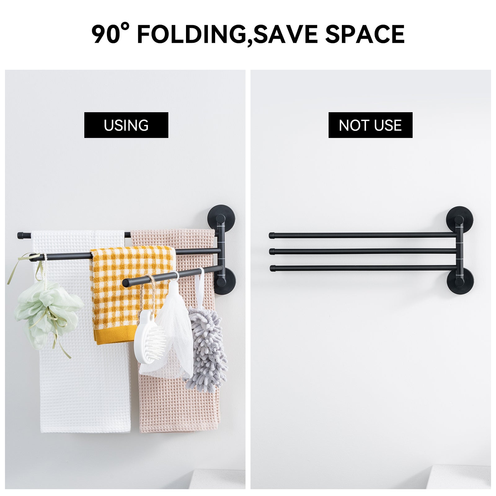 Auralum max Porte-serviettes pivotant à 3 bras,acier inoxydable pour salle bain,porte-serviettes mural peu encombrant,rotation à 180°(Noir) - 3