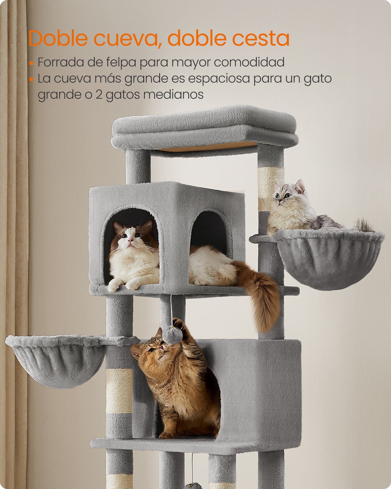 Árbol para Gatos de 175 cm, Multinivel con 2 Cuevas, 2 Cestas, 5 Rascadores, Plataforma, Hamaca, Gris - 4