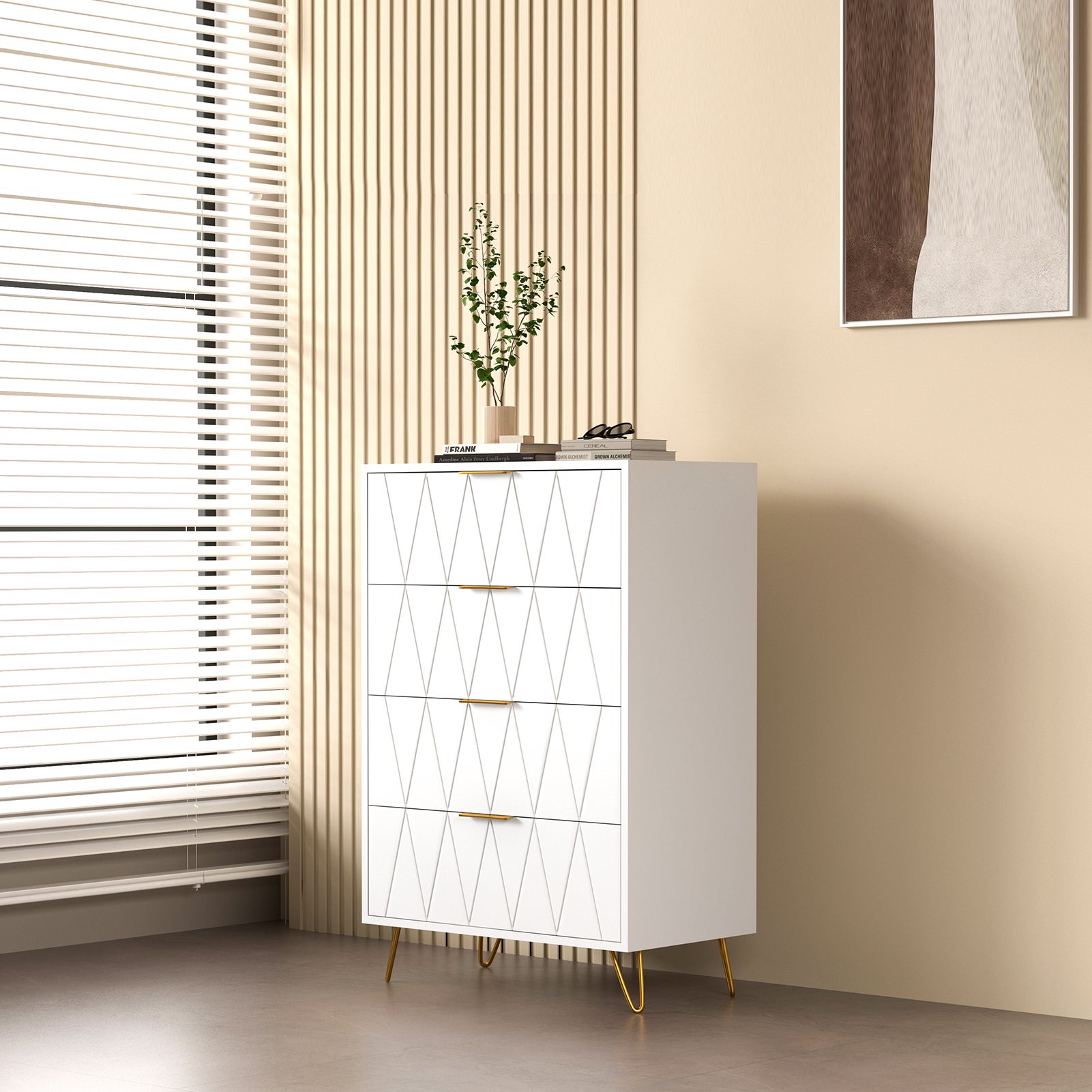 Commode 4 tiroirs, meuble rangement étroit blanc, armoire de stockage chambre salon entrée couloir, commode,60x34x90 cm - 3