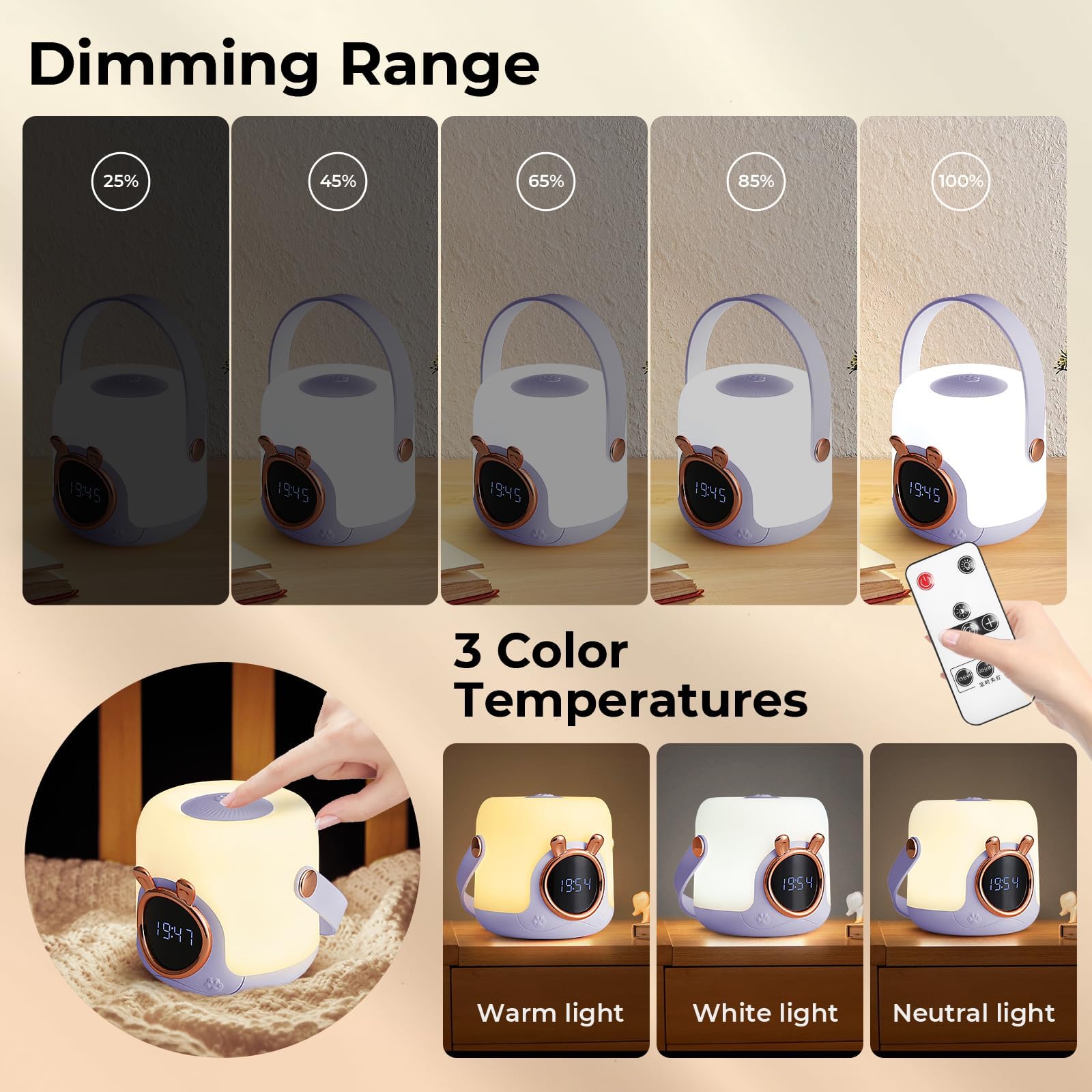Luce notturna per bambini con orologio, luci notturne dimmerabili, lampada da tavolo portatile, 3 temperature di colore, 10,6*15,4 cm - 3