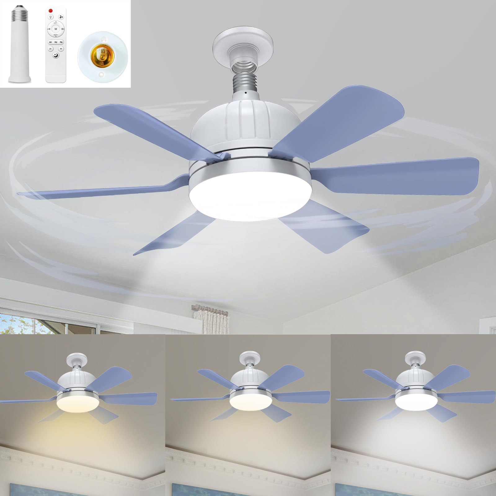 2pcs ventilador de techo led con iluminación y base, control remoto, 3 velocidades, temperatura de color ajustable, temporizador, 46 cm, verde césped