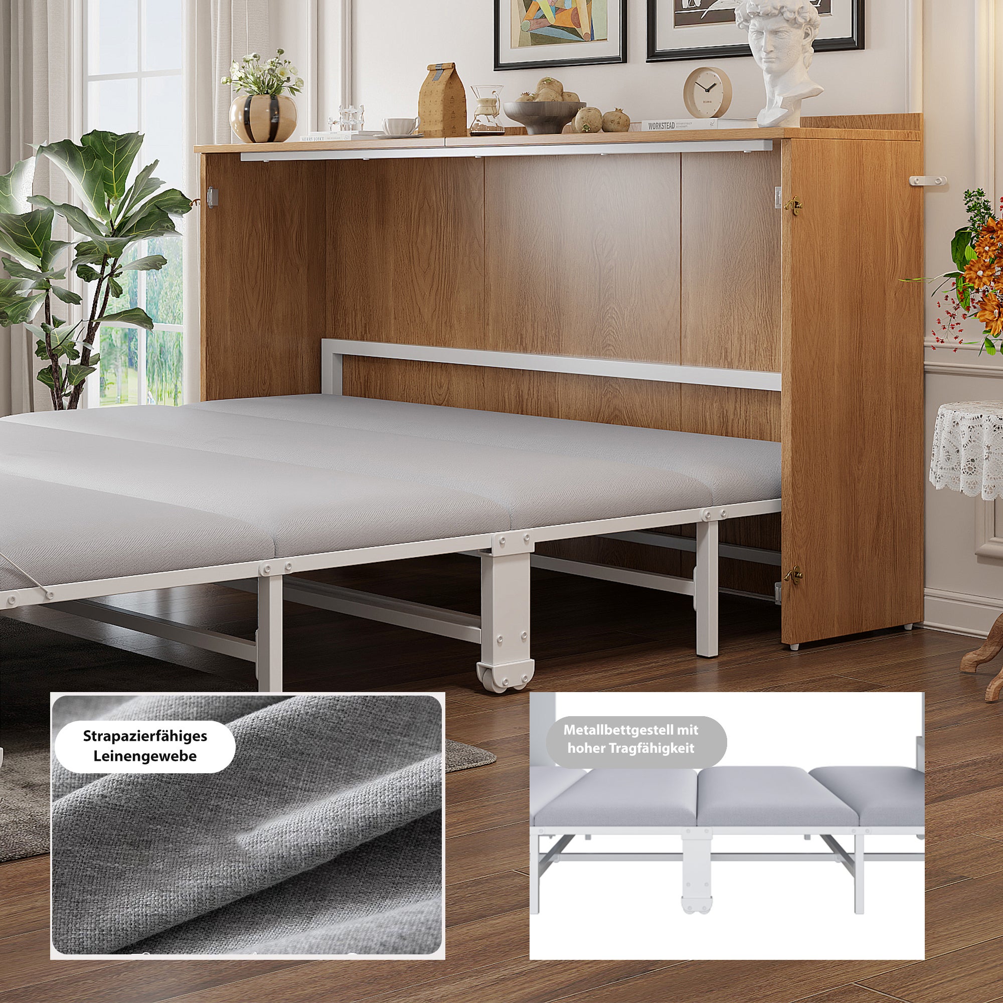 Łóżko chowane w ścianie 140 x 200 cm z materacem lnianym – Metal i drewno – Oszczędny w miejscu system składania z cichymi kółkami – Drewno - 6