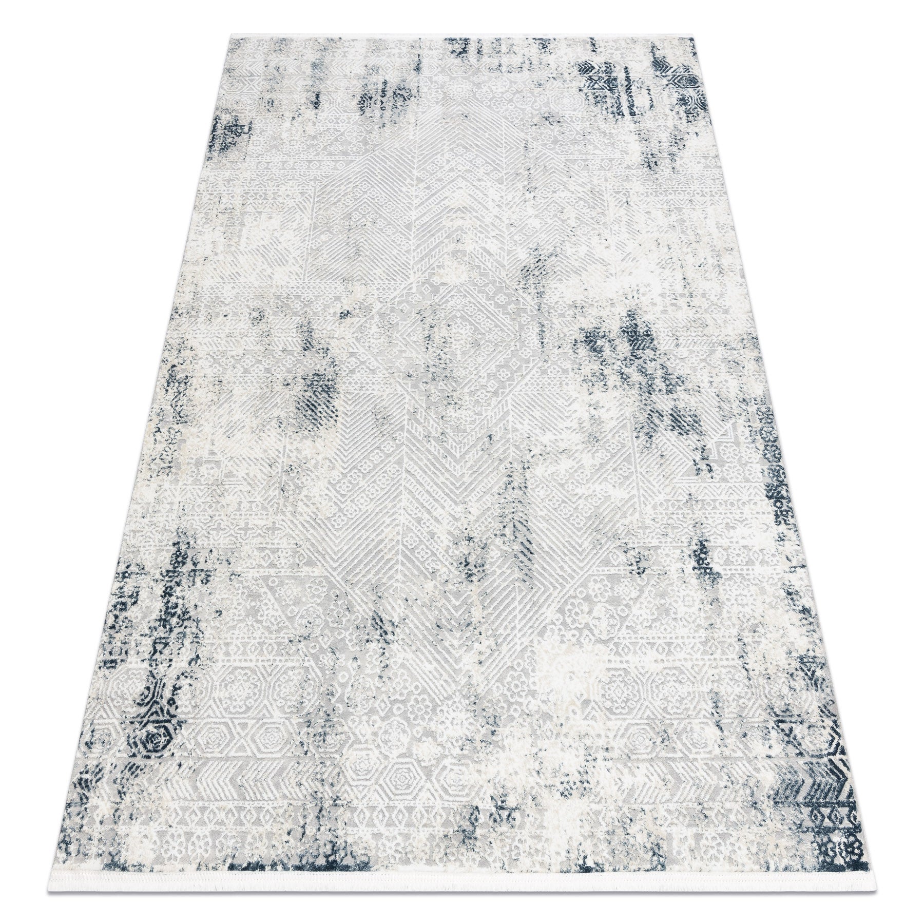 Dywan DUKE 51558 krem / niebieski - Geometryczny vintage, strukturalny, bardzo miękki, frędzle 280x370 cm