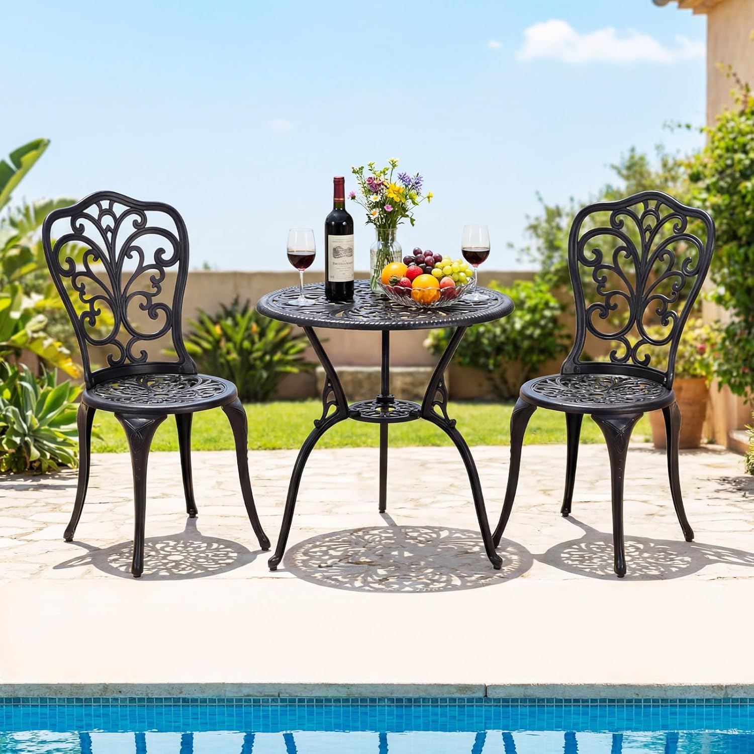 GIANTEX Sala Jardim 3Pcs em Alumínio Fundido, Conjunto Bistrô 2 Cadeiras e 1 Mesa Redonda,com Furo Guarda-sol, para Varanda Terraço Jardim, Preto - 8
