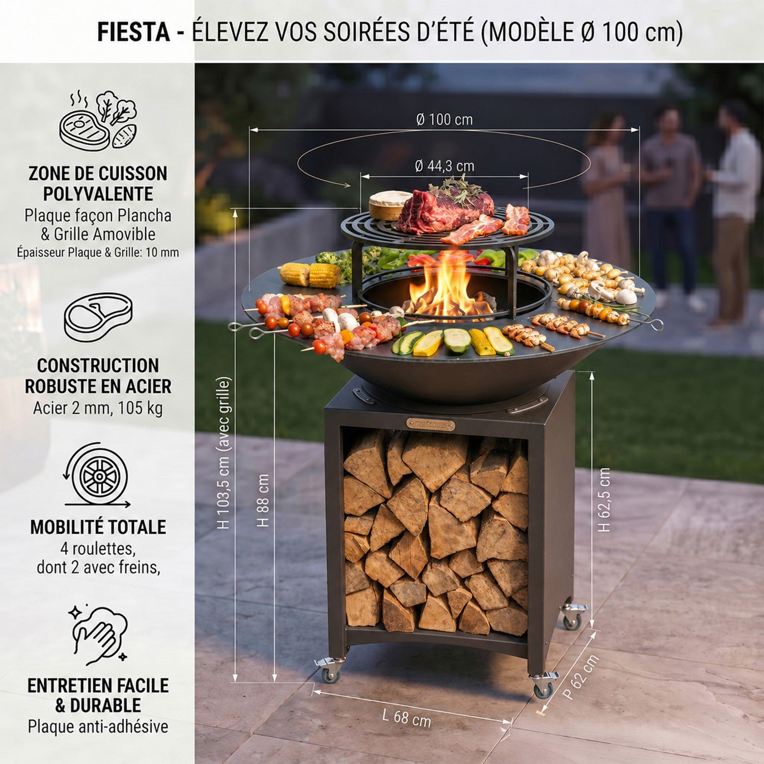 FIESTA Brasero haut avec plaque et grille amovible en acier barbecue plancha extérieur Ø 100 cm - 3