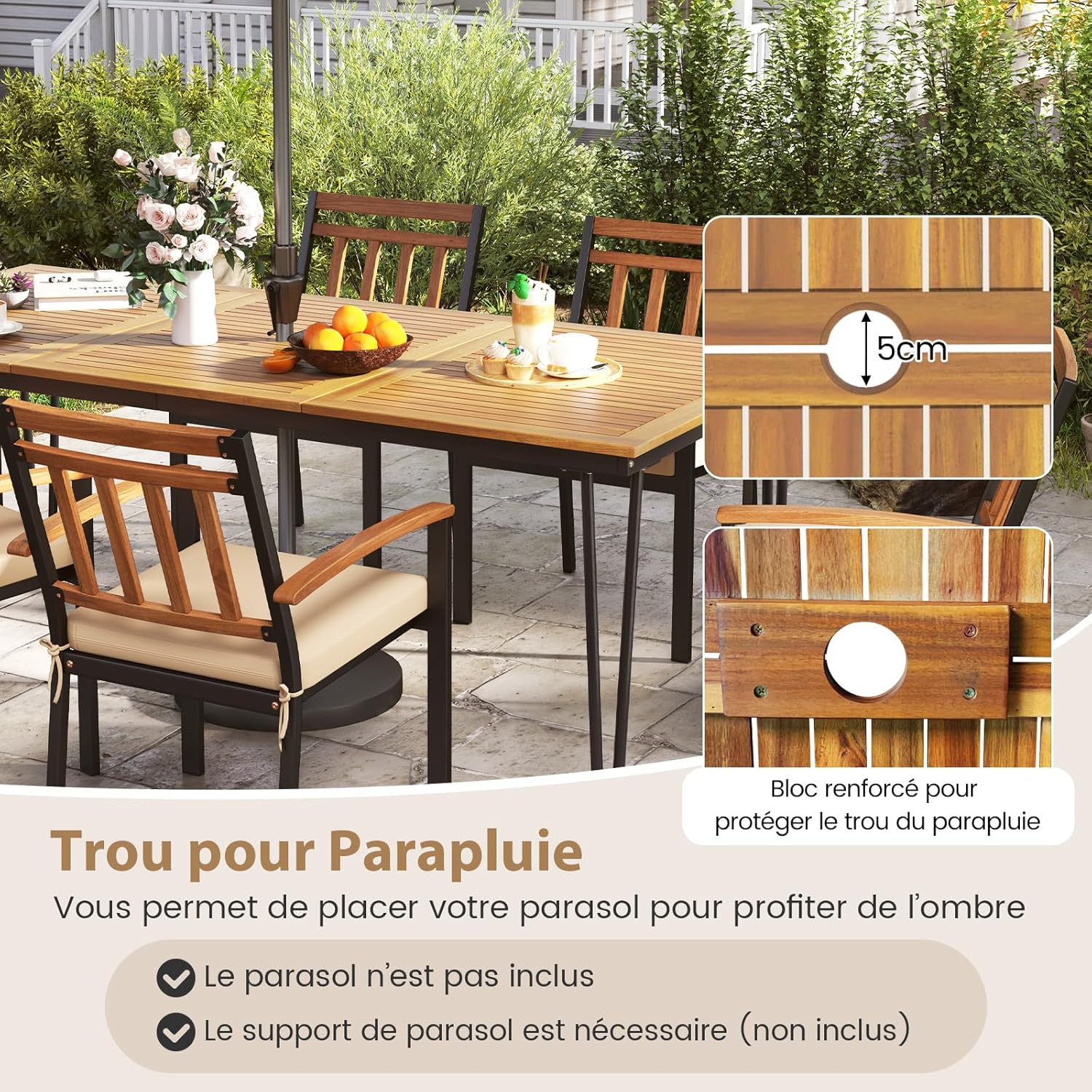 Table à Manger Extérieur en Bois d'Acacia-Certifié FSC pour 8 Personnes, Table de Jardin 200 x 90 cm Design Latte avec Trou φ5 cm pour Parasol - 5