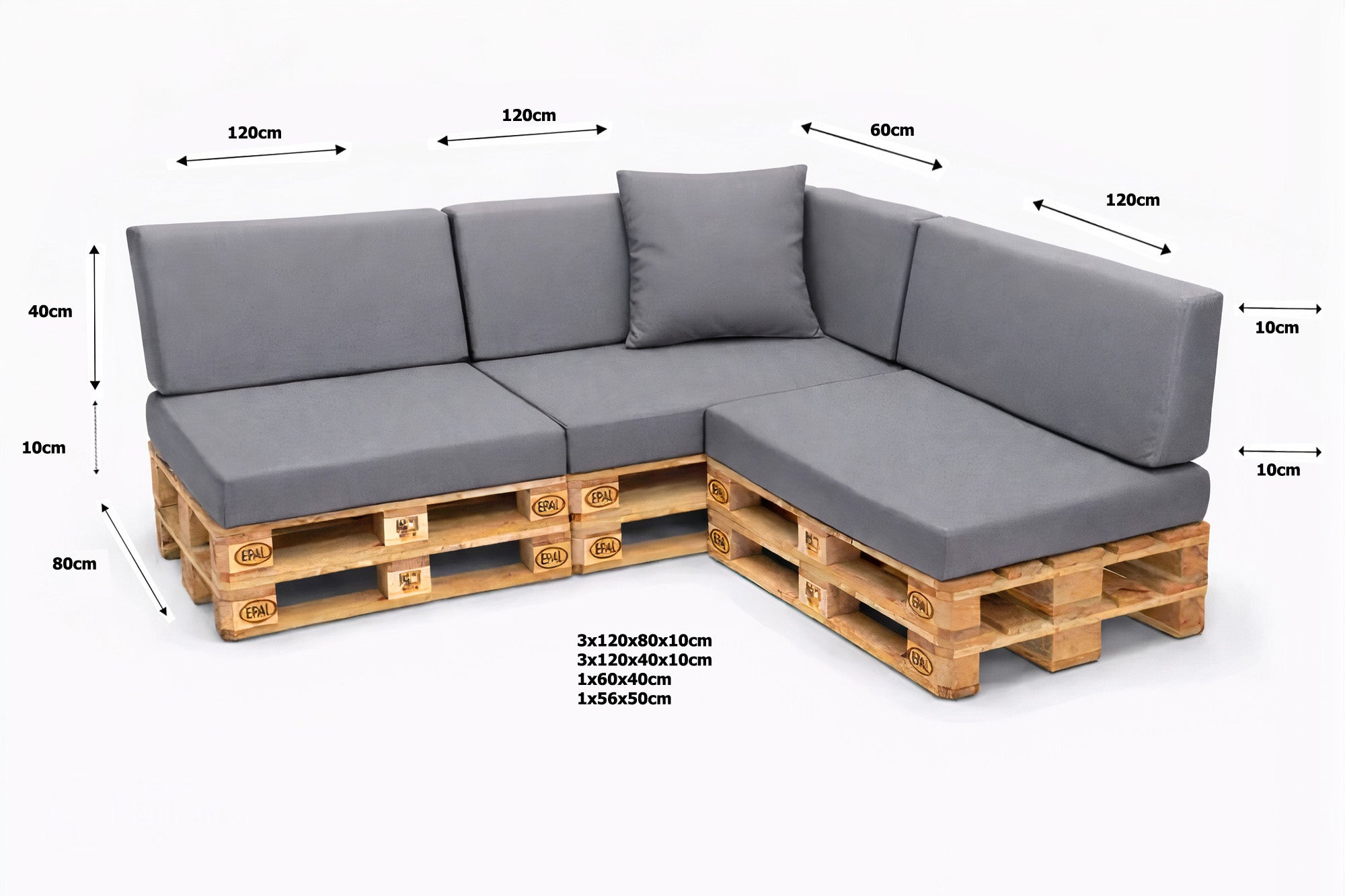 Zestaw 8 poduszek na palety ogrodowe 120×80×10 cm – siedzisko i oparcie 120×40×10 cm, poduszki na meble ogrdowe, szare