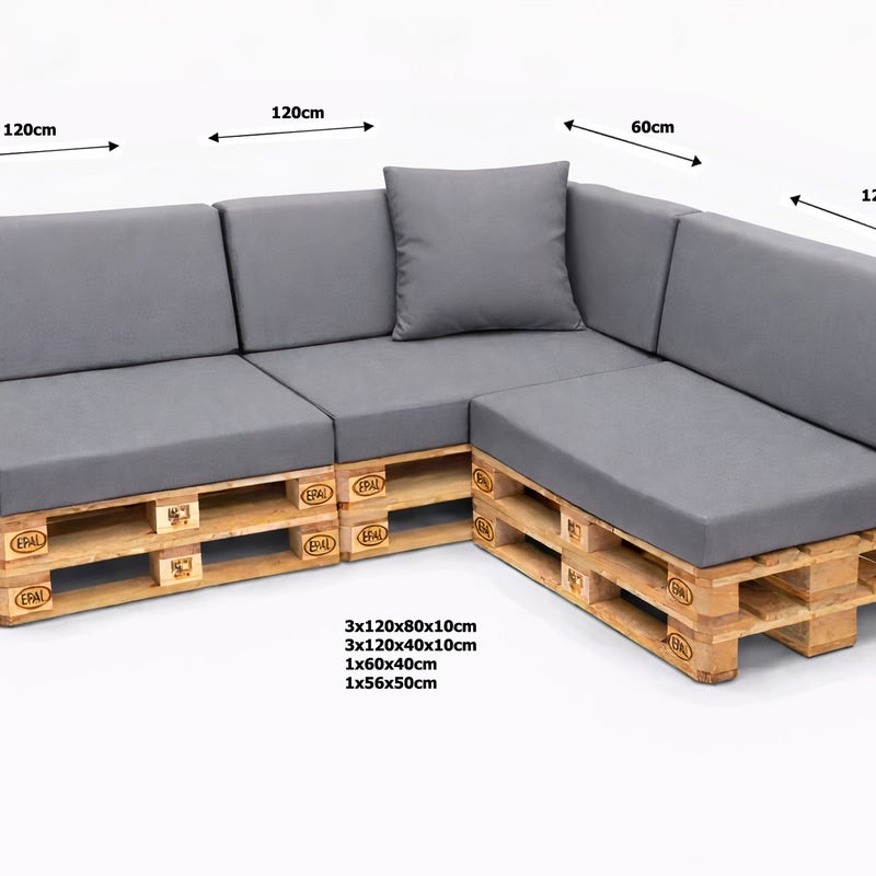 Zestaw 8 poduszek na palety ogrodowe 120×80×10 cm – siedzisko i oparcie 120×40×10 cm, poduszki na meble ogrdowe, szare