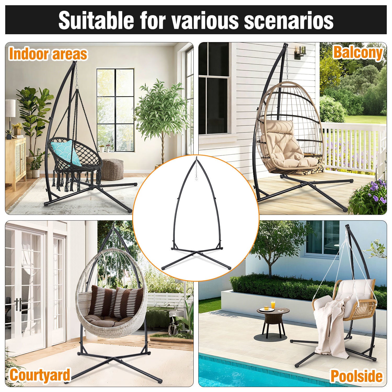 Hamac Fauteuil suspendu extérieur, amovible , cadre solide, pour jardin/terrasse - en Métal jusqu'à 150 kg - Siège suspendu(Fauteuil Non Inclus) - 3