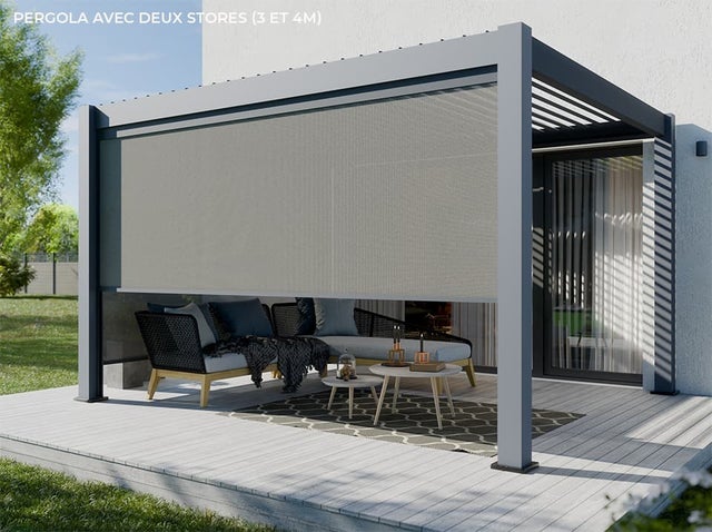 Pergola Bioclimatica Autoportante in Alluminio 12m² - 3x4m - Due Tende Incluse - Antracite - 24 Doghe in Acciaio Zincato Inclinabile a 90°