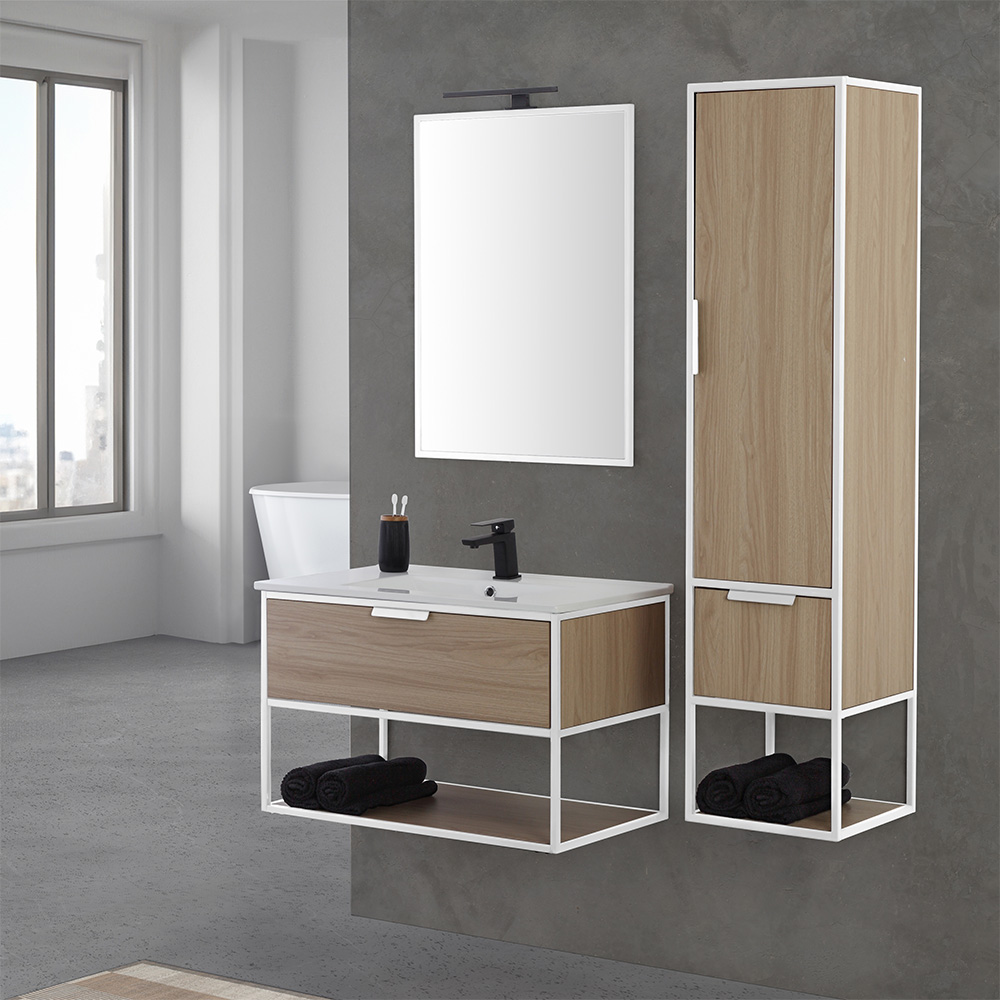 Mueble de baño suspendido industrial de 80 cm en blanco y madera con módulo de pared baketo.